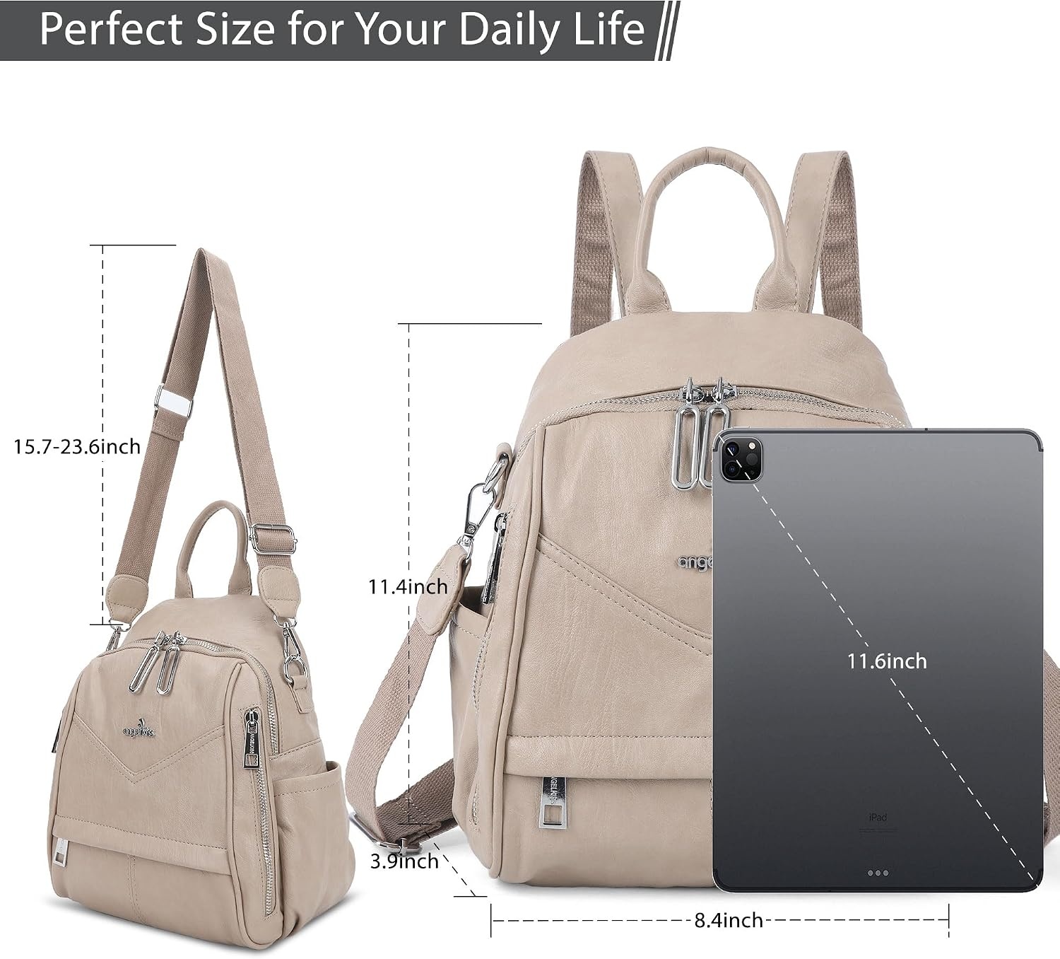 image:imageAngel Kiss Small Backpack Purse for WomenSoft Vegan Leather Roomy BackpacksDesigner Ladies Shoulder Backpack Fashion Handbag with Removable StrapBeigeApricot