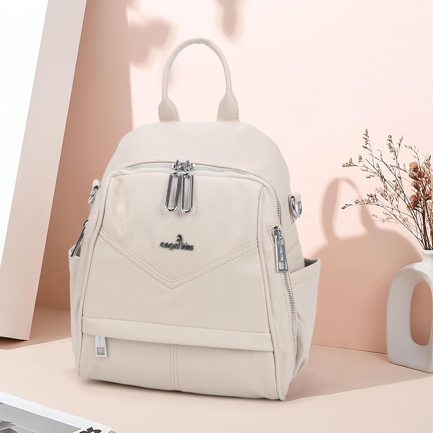 image:imageAngel Kiss Small Backpack Purse for WomenSoft Vegan Leather Roomy BackpacksDesigner Ladies Shoulder Backpack Fashion Handbag with Removable StrapBeigeBeige