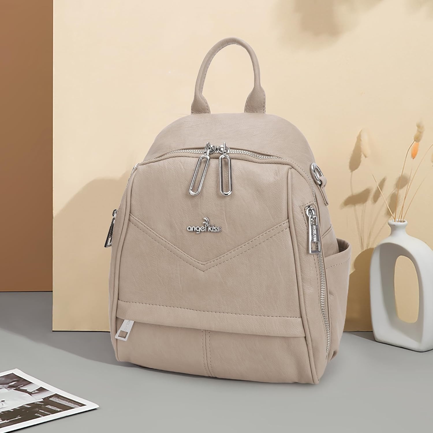 image:imageAngel Kiss Small Backpack Purse for WomenSoft Vegan Leather Roomy BackpacksDesigner Ladies Shoulder Backpack Fashion Handbag with Removable StrapBeigeApricot