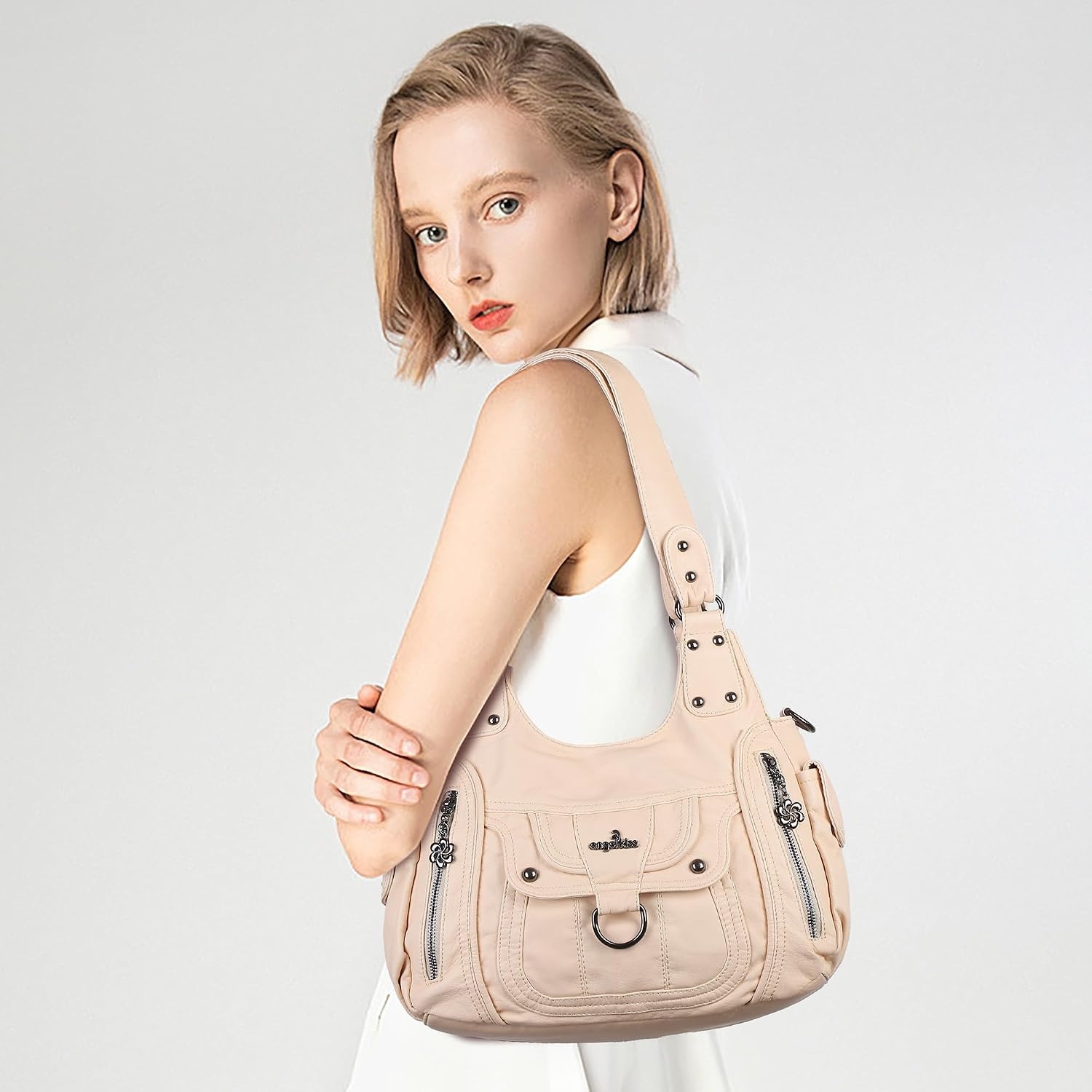 image:imageAngel Kiss Womens Shoulder Bag Vegan Leather Hobo Purses and Handbags Satchel Tote Bags for Women with Adjustable StrapBeige