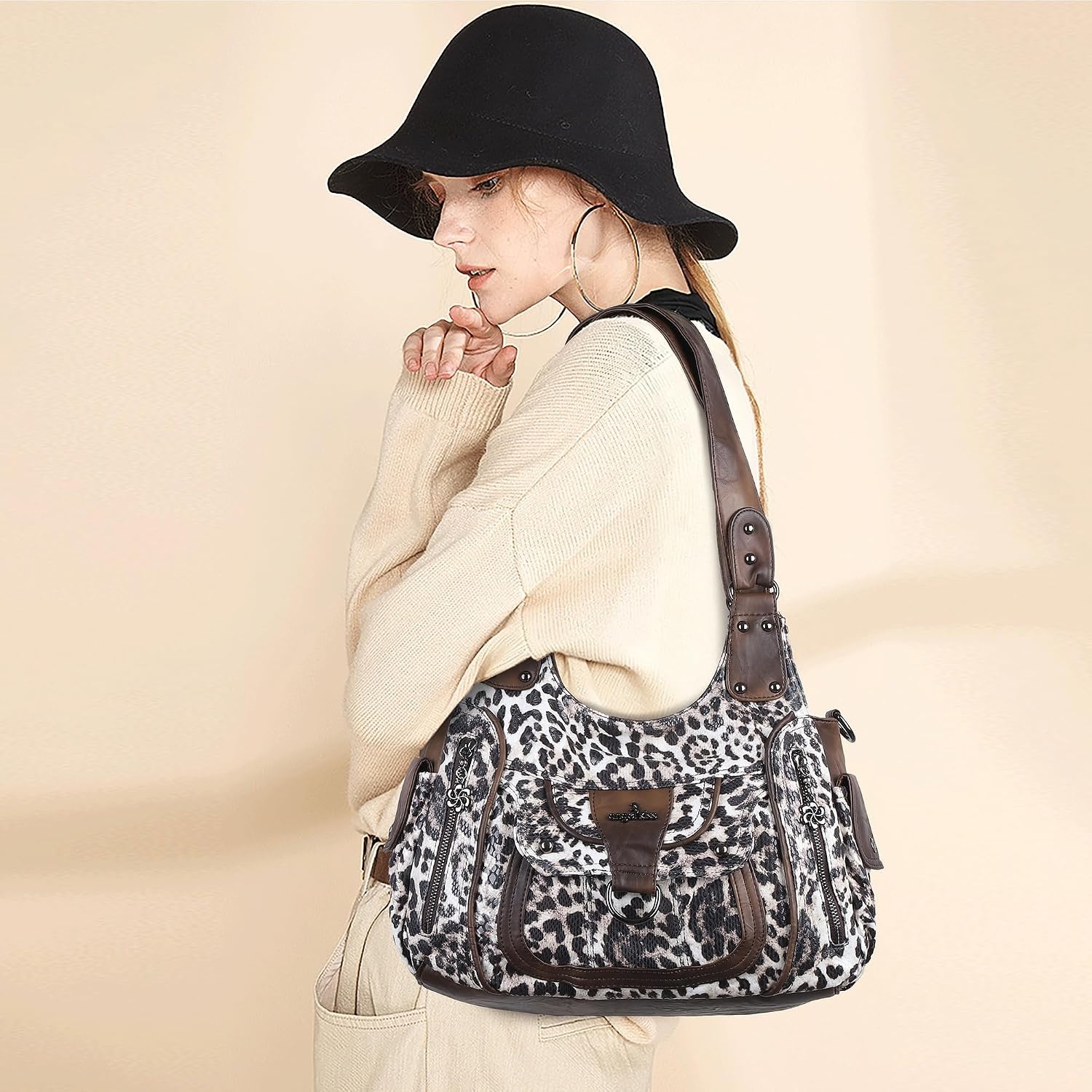 image:imageAngel Kiss Womens Shoulder Bag Vegan Leather Hobo Purses and Handbags Satchel Tote Bags for Women with Adjustable StrapLeopard Coffee