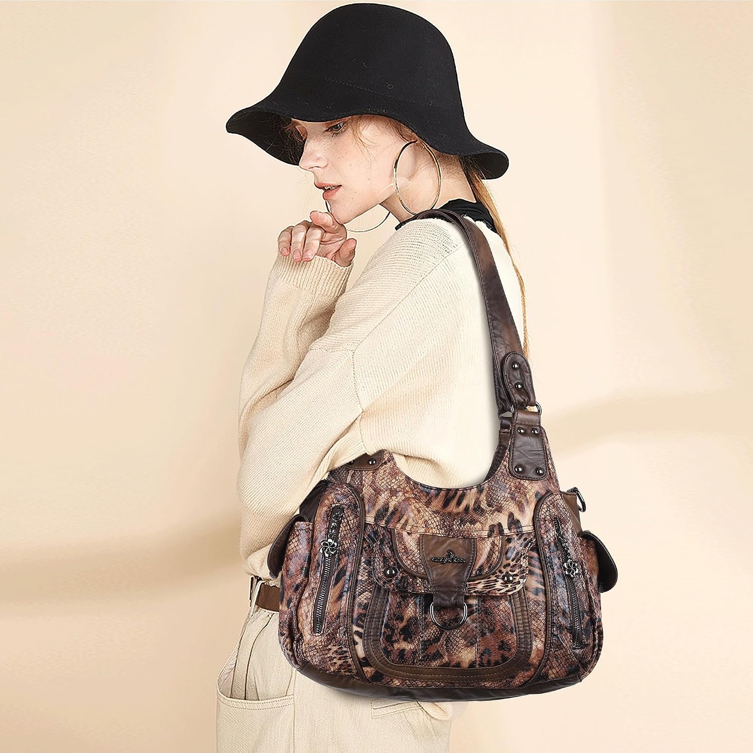 image:imageAngel Kiss Womens Shoulder Bag Vegan Leather Hobo Purses and Handbags Satchel Tote Bags for Women with Adjustable StrapLeopard Dark Coffee