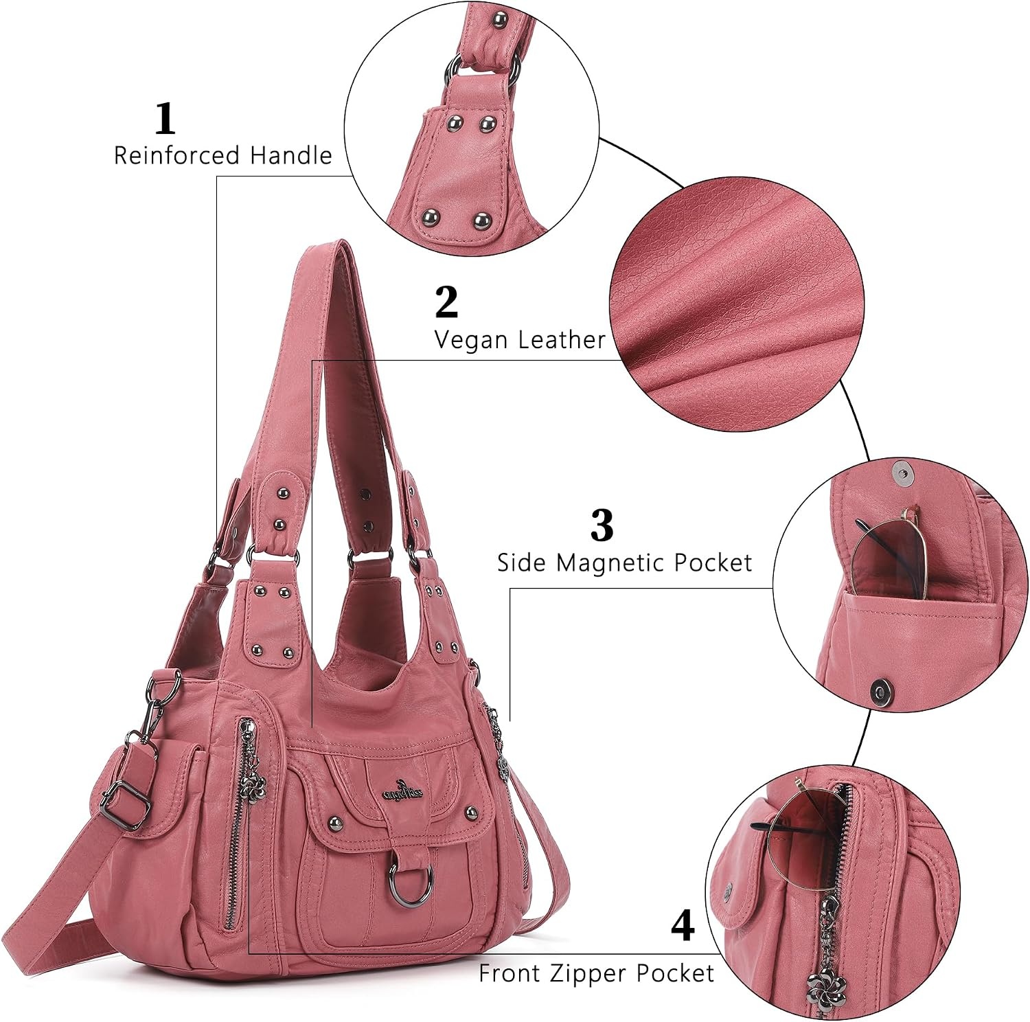 image:imageAngel Kiss Womens Shoulder Bag Vegan Leather Hobo Purses and Handbags Satchel Tote Bags for Women with Adjustable StrapPink