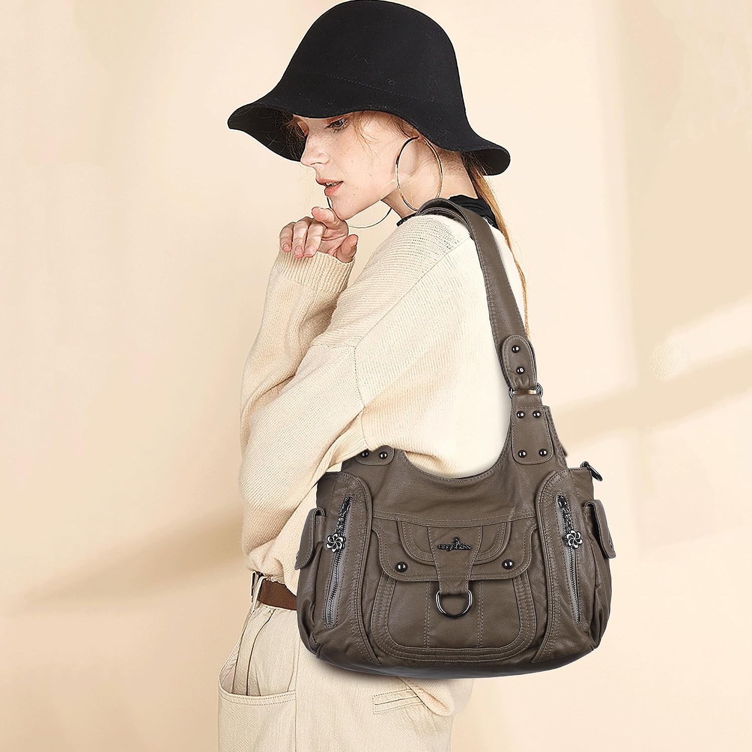 image:imageAngel Kiss Womens Shoulder Bag Vegan Leather Hobo Purses and Handbags Satchel Tote Bags for Women with Adjustable StrapTaupe