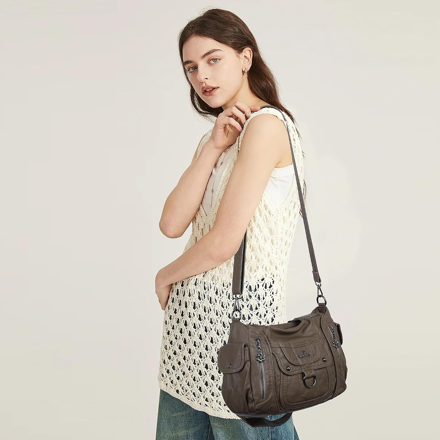 image:imageAngel Kiss Womens Shoulder Bag Vegan Leather Hobo Purses and Handbags Satchel Tote Bags for Women with Adjustable StrapTaupe
