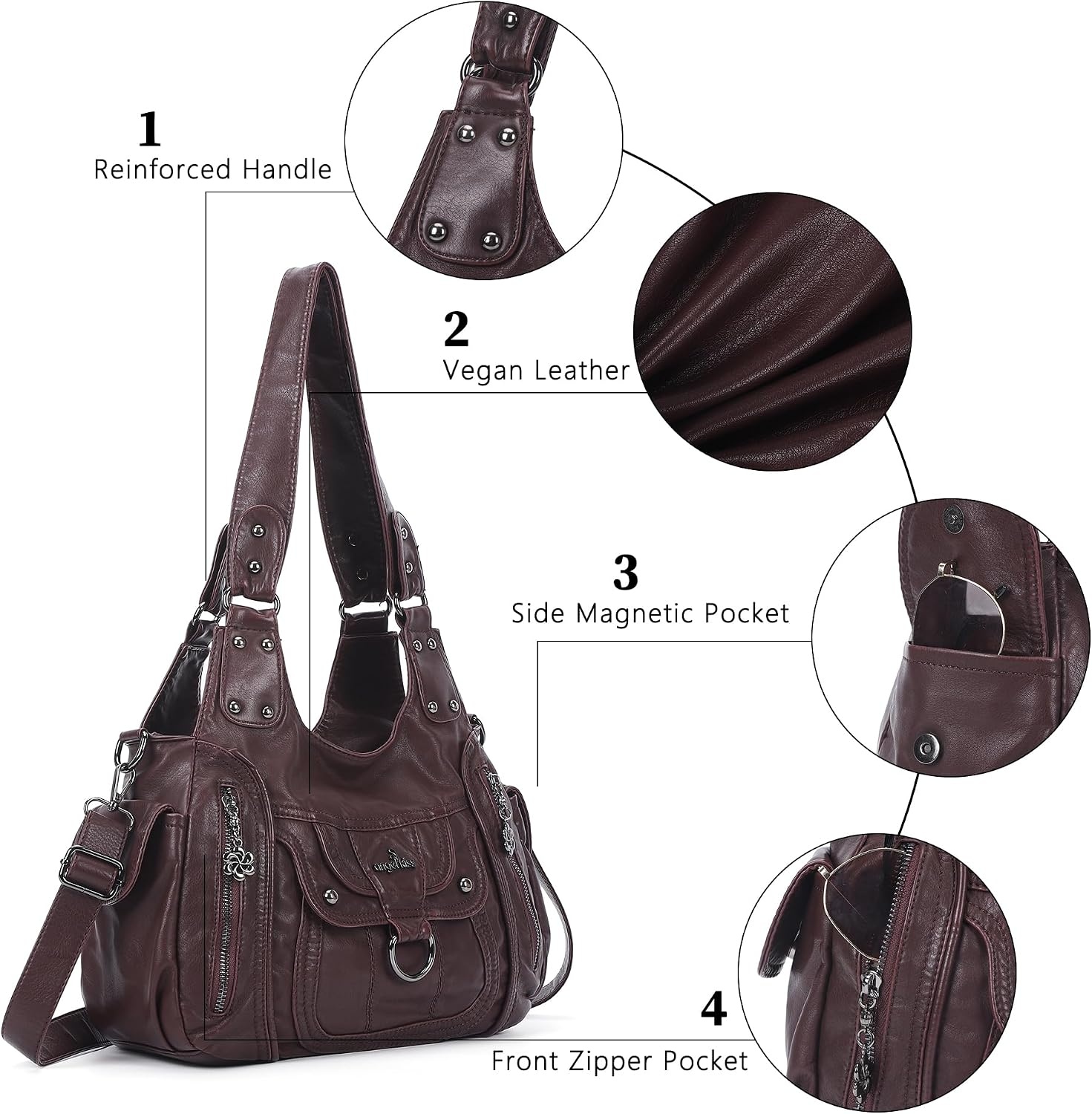 image:imageAngel Kiss Womens Shoulder Bag Vegan Leather Hobo Purses and Handbags Satchel Tote Bags for Women with Adjustable StrapWine