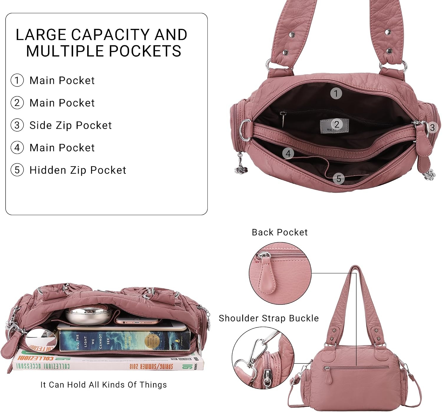 image:imageAngel Kiss Small Purse Handbag for Women Crossbody and Shoulder Bags Multipocket Soft Hobo Purses10pink