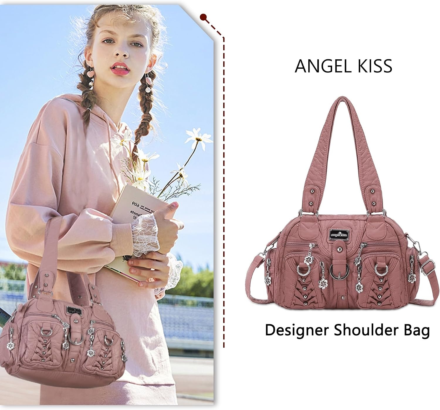 image:imageAngel Kiss Small Purse Handbag for Women Crossbody and Shoulder Bags Multipocket Soft Hobo Purses10pink