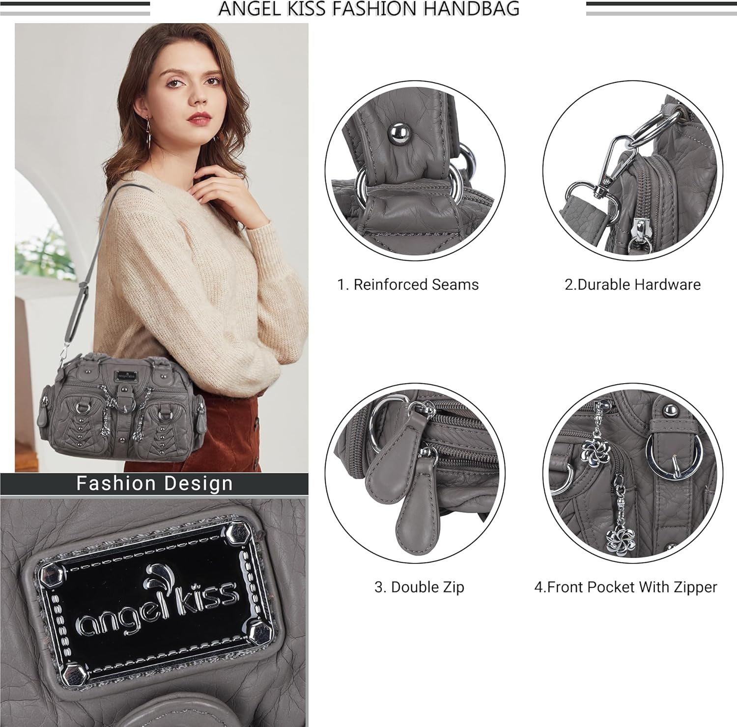 image:imageAngel Kiss Small Purse Handbag for Women Crossbody and Shoulder Bags Multipocket Soft Hobo Purses1grey