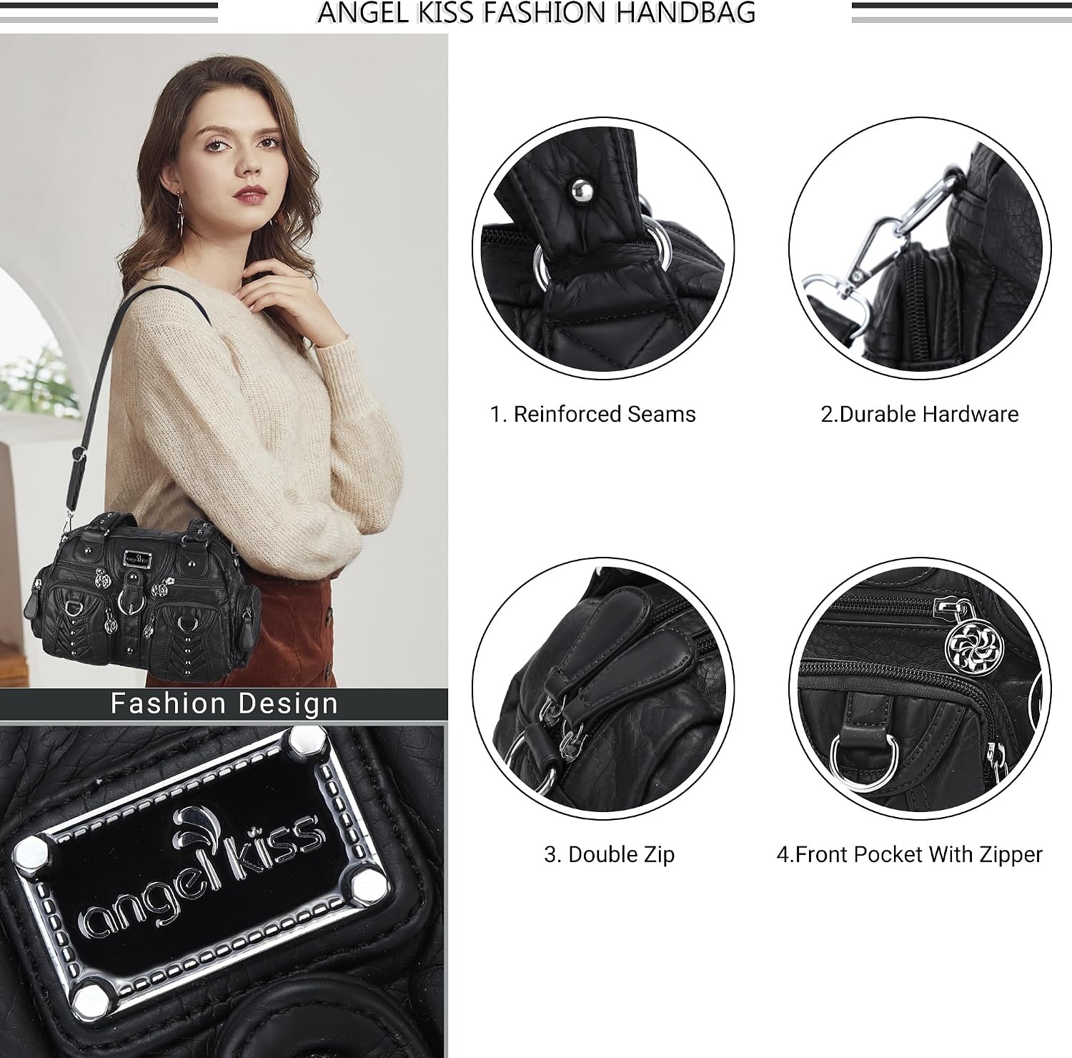 image:imageAngel Kiss Small Purse Handbag for Women Crossbody and Shoulder Bags Multipocket Soft Hobo Purses2black