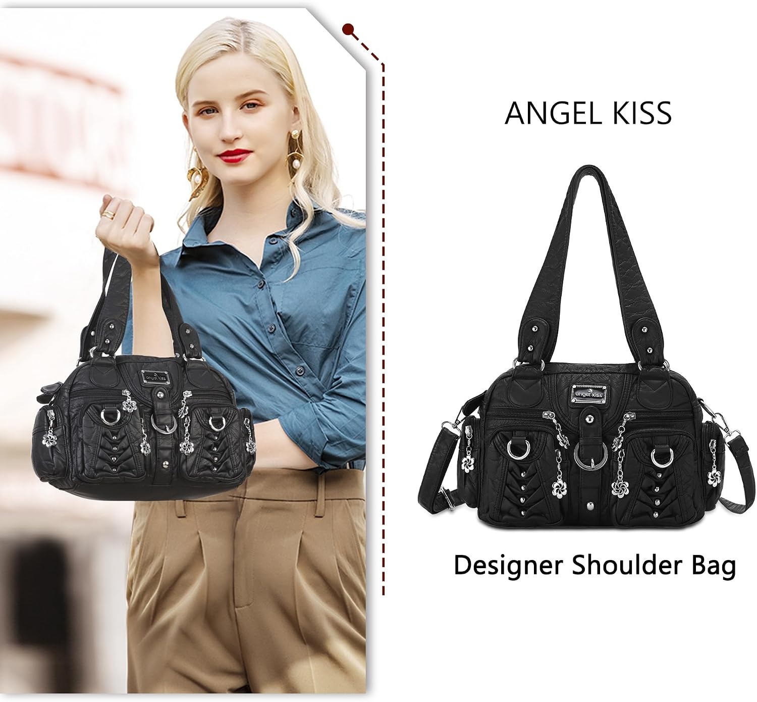 image:imageAngel Kiss Small Purse Handbag for Women Crossbody and Shoulder Bags Multipocket Soft Hobo Purses2black
