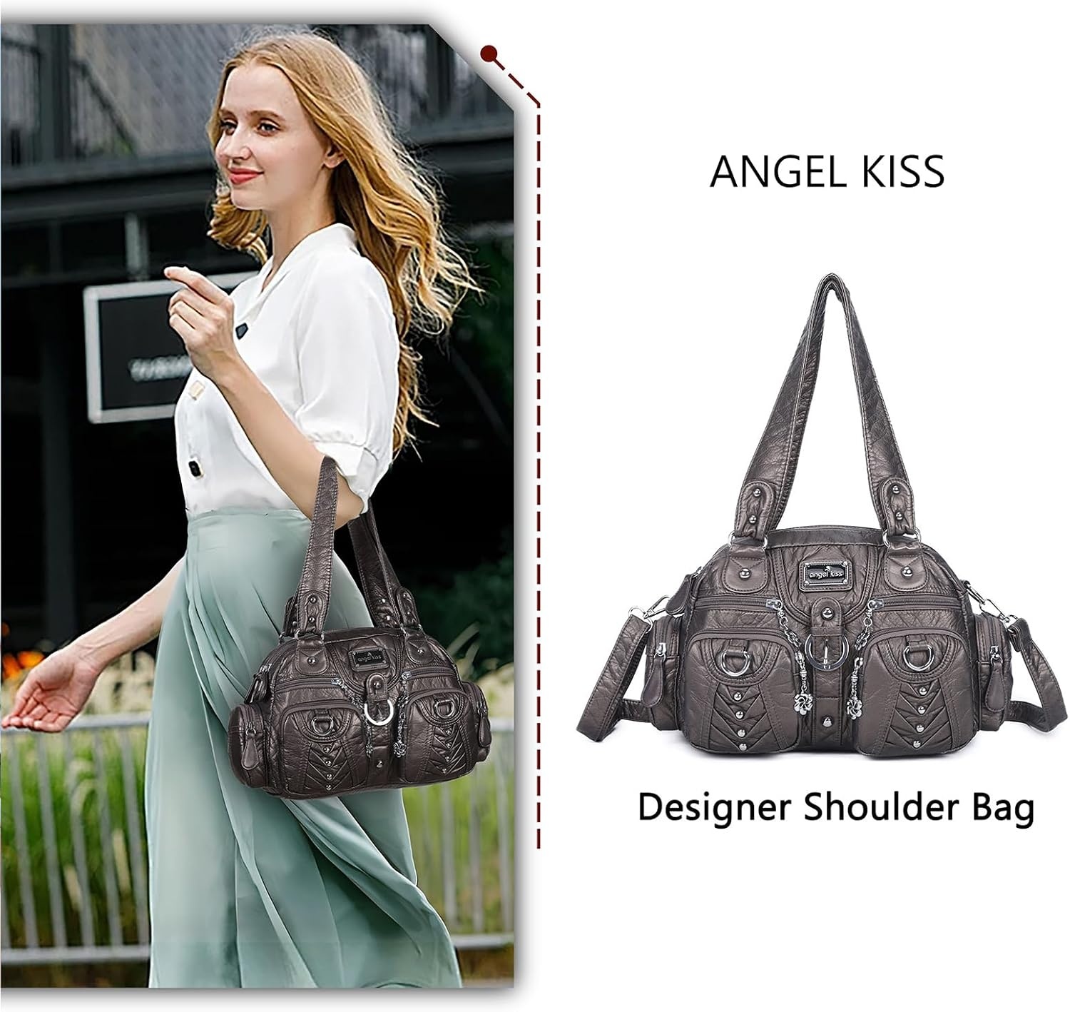 image:imageAngel Kiss Small Purse Handbag for Women Crossbody and Shoulder Bags Multipocket Soft Hobo PursesGrey