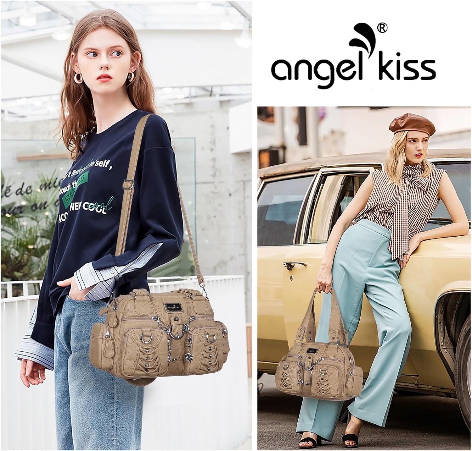 image:imageAngel Kiss Small Purse Handbag for Women Crossbody and Shoulder Bags Multipocket Soft Hobo PursesKhaki