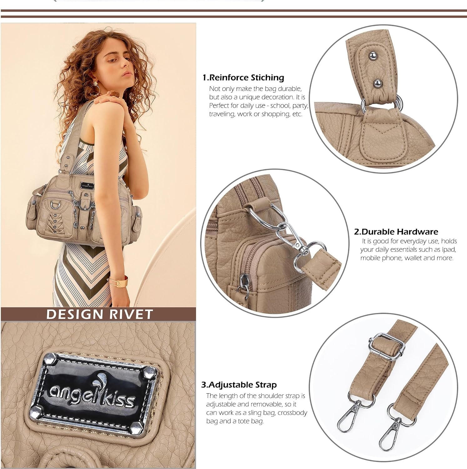 image:imageAngel Kiss Small Purse Handbag for Women Crossbody and Shoulder Bags Multipocket Soft Hobo PursesKhaki