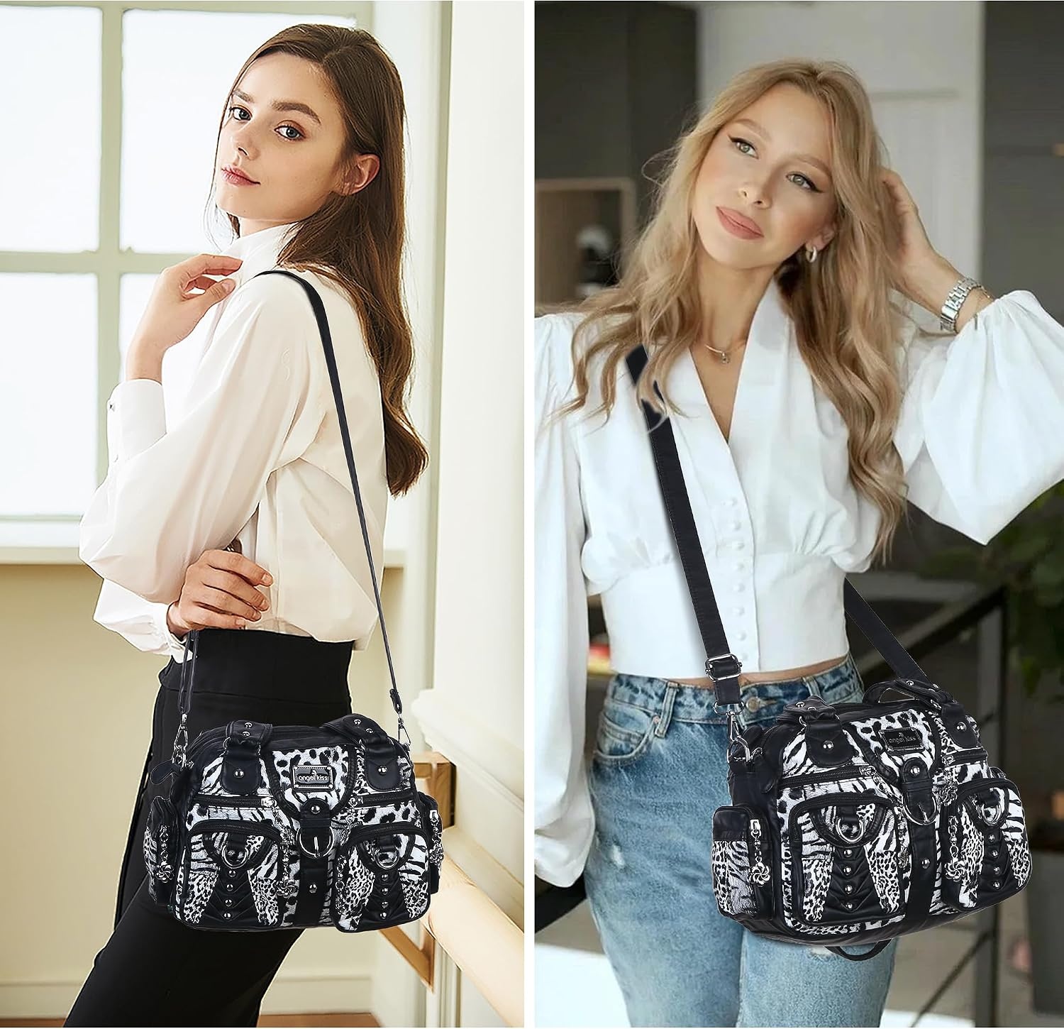 image:imageAngel Kiss Small Purse Handbag for Women Crossbody and Shoulder Bags Multipocket Soft Hobo PursesLeopard Black