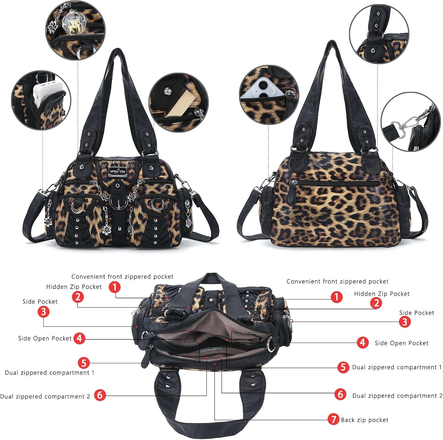 image:imageAngel Kiss Small Purse Handbag for Women Crossbody and Shoulder Bags Multipocket Soft Hobo PursesLeopard Brown