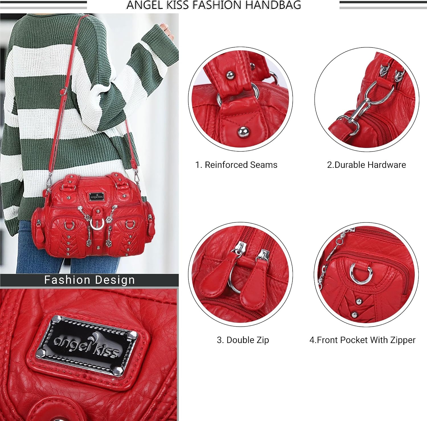 image:imageAngel Kiss Small Purse Handbag for Women Crossbody and Shoulder Bags Multipocket Soft Hobo PursesRed