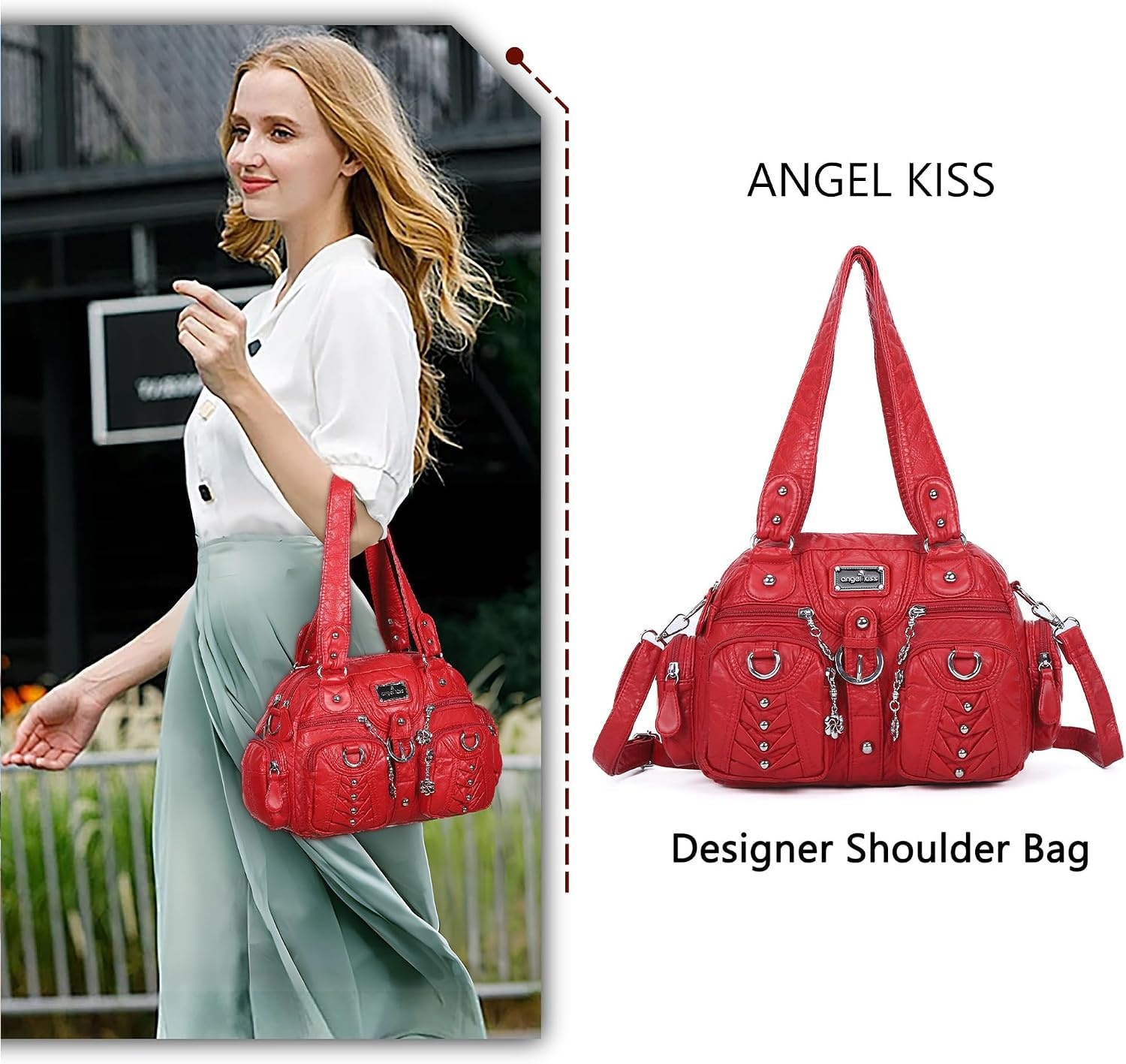 image:imageAngel Kiss Small Purse Handbag for Women Crossbody and Shoulder Bags Multipocket Soft Hobo PursesRed