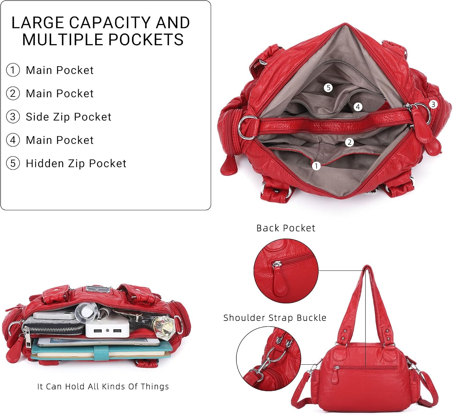 image:imageAngel Kiss Small Purse Handbag for Women Crossbody and Shoulder Bags Multipocket Soft Hobo PursesRed