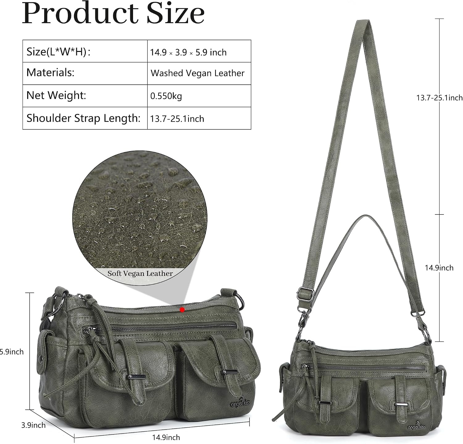 image:imageAngel Kiss Hobo Purses for Women Crossbody Shoulder Bag Ladies Multi Pocket Handbags with Adjustable Shoulder Strap Soft Vegan LeatherGreen