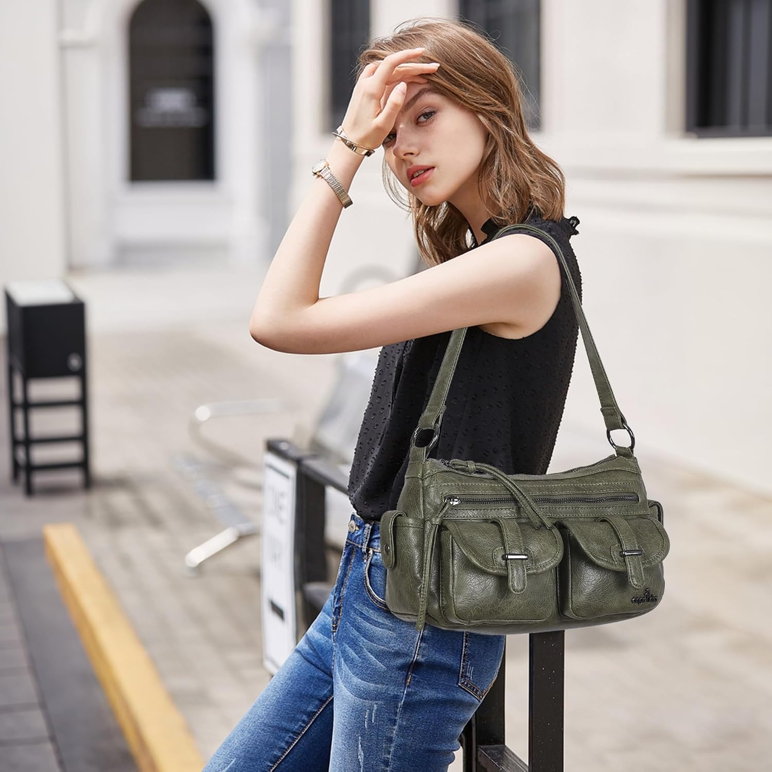 image:imageAngel Kiss Hobo Purses for Women Crossbody Shoulder Bag Ladies Multi Pocket Handbags with Adjustable Shoulder Strap Soft Vegan LeatherGreen