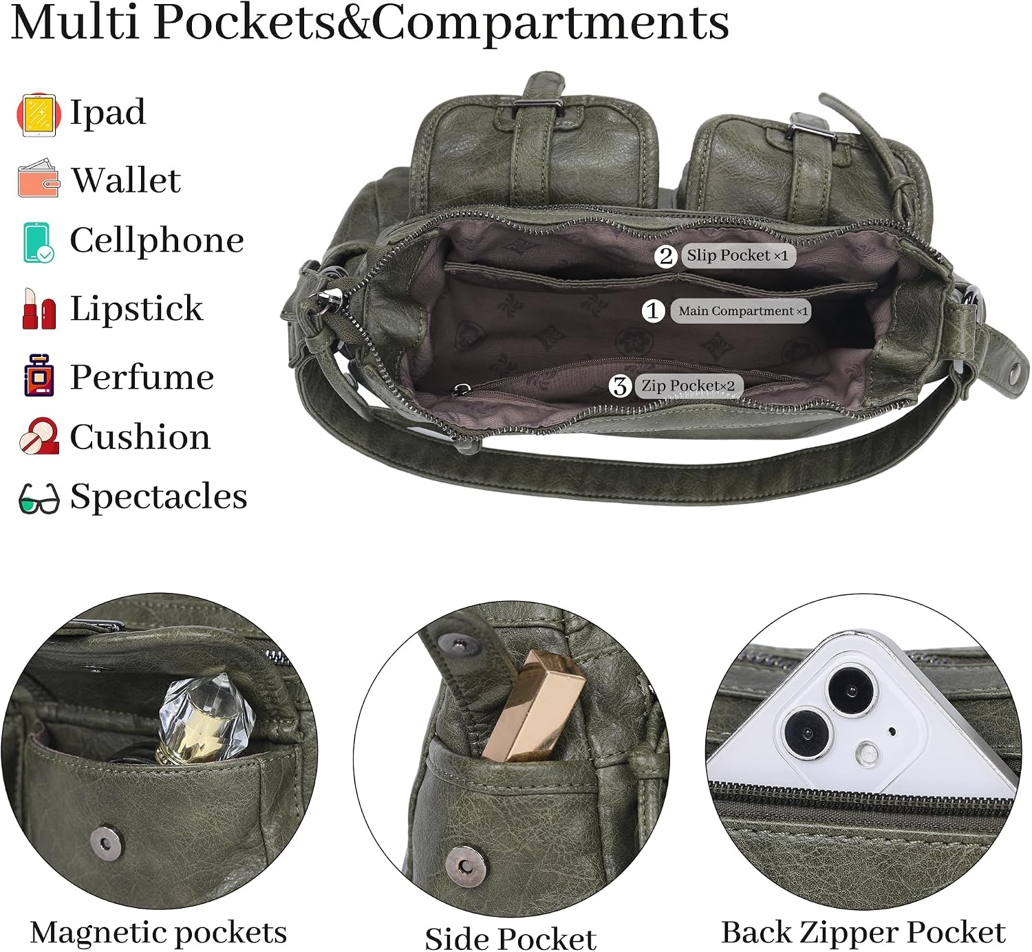 image:imageAngel Kiss Hobo Purses for Women Crossbody Shoulder Bag Ladies Multi Pocket Handbags with Adjustable Shoulder Strap Soft Vegan LeatherGreen