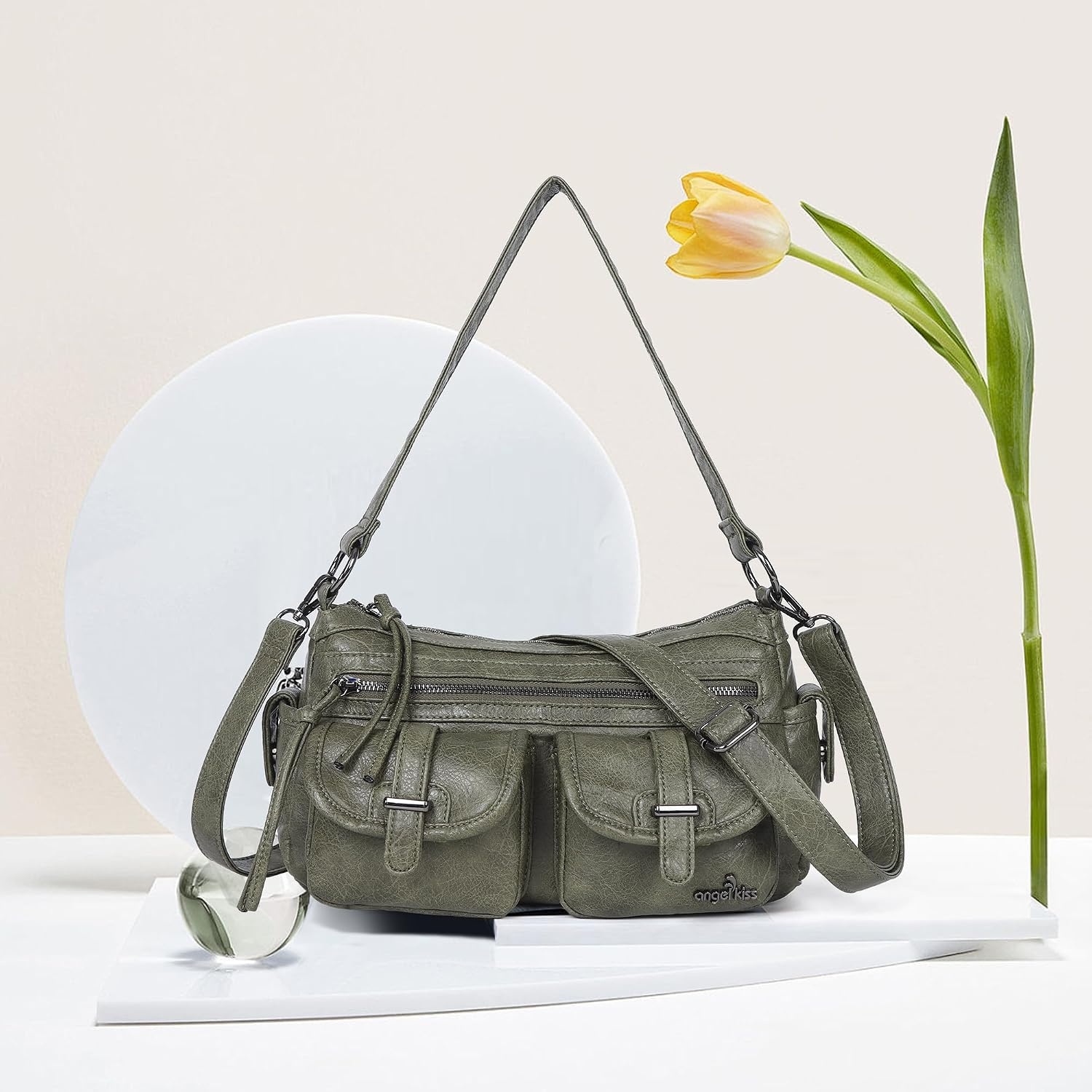 image:imageAngel Kiss Hobo Purses for Women Crossbody Shoulder Bag Ladies Multi Pocket Handbags with Adjustable Shoulder Strap Soft Vegan LeatherGreen