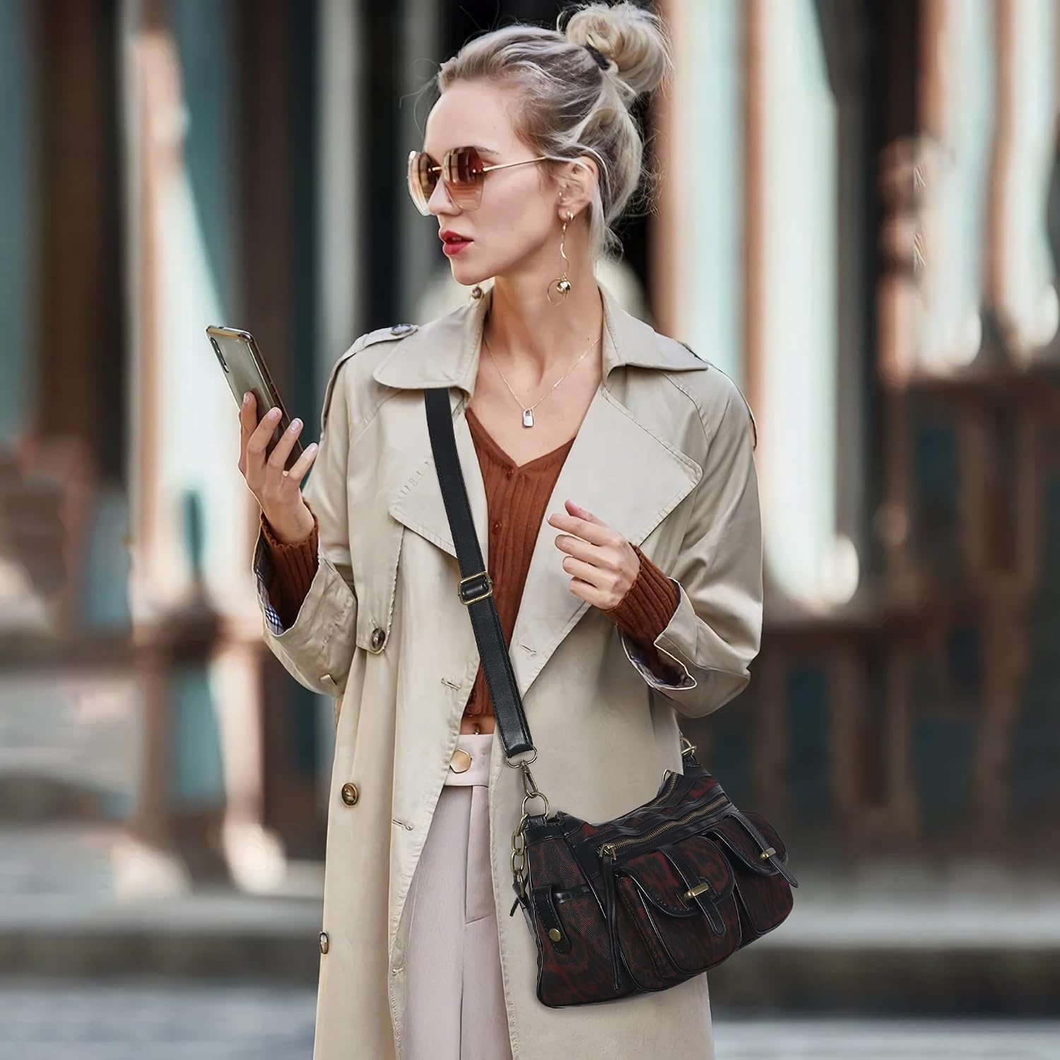 image:imageAngel Kiss Hobo Purses for Women Crossbody Shoulder Bag Ladies Multi Pocket Handbags with Adjustable Shoulder Strap Soft Vegan LeatherLeopard Burgundy