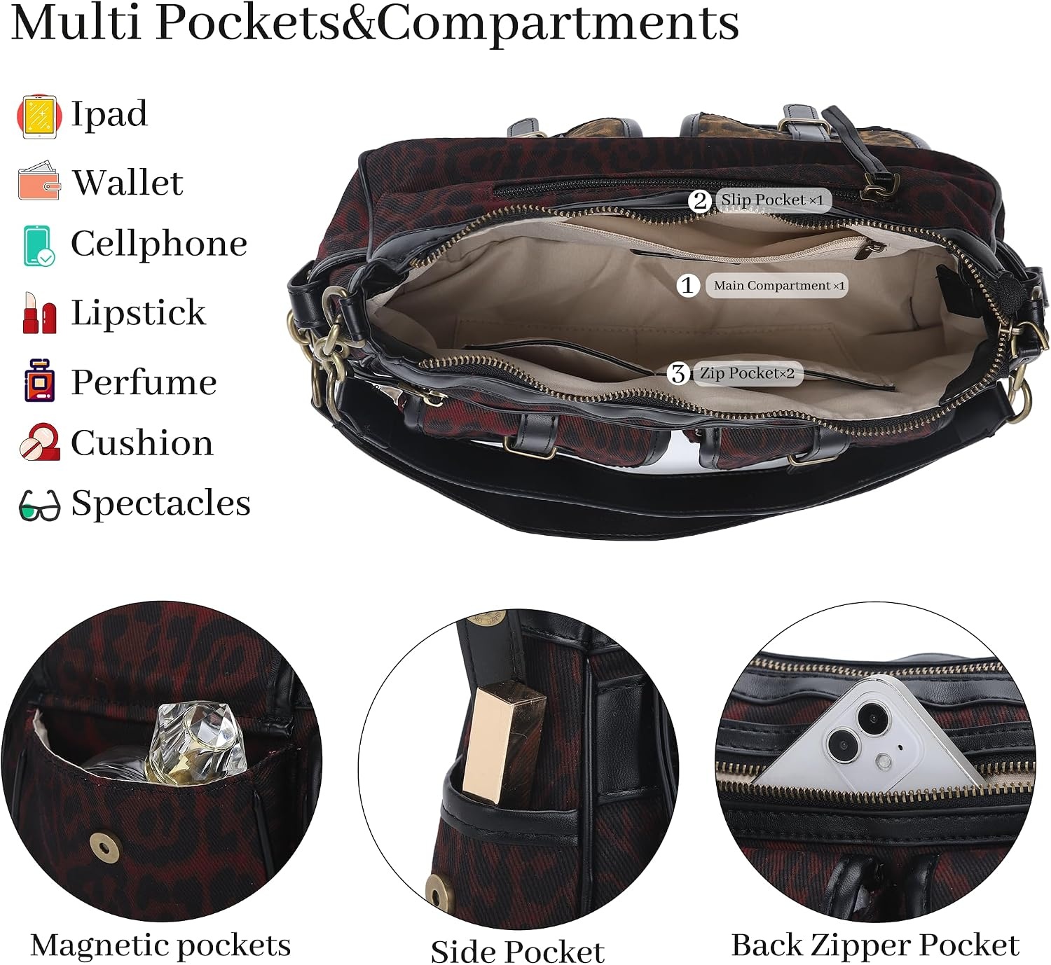 image:imageAngel Kiss Hobo Purses for Women Crossbody Shoulder Bag Ladies Multi Pocket Handbags with Adjustable Shoulder Strap Soft Vegan LeatherLeopard Burgundy