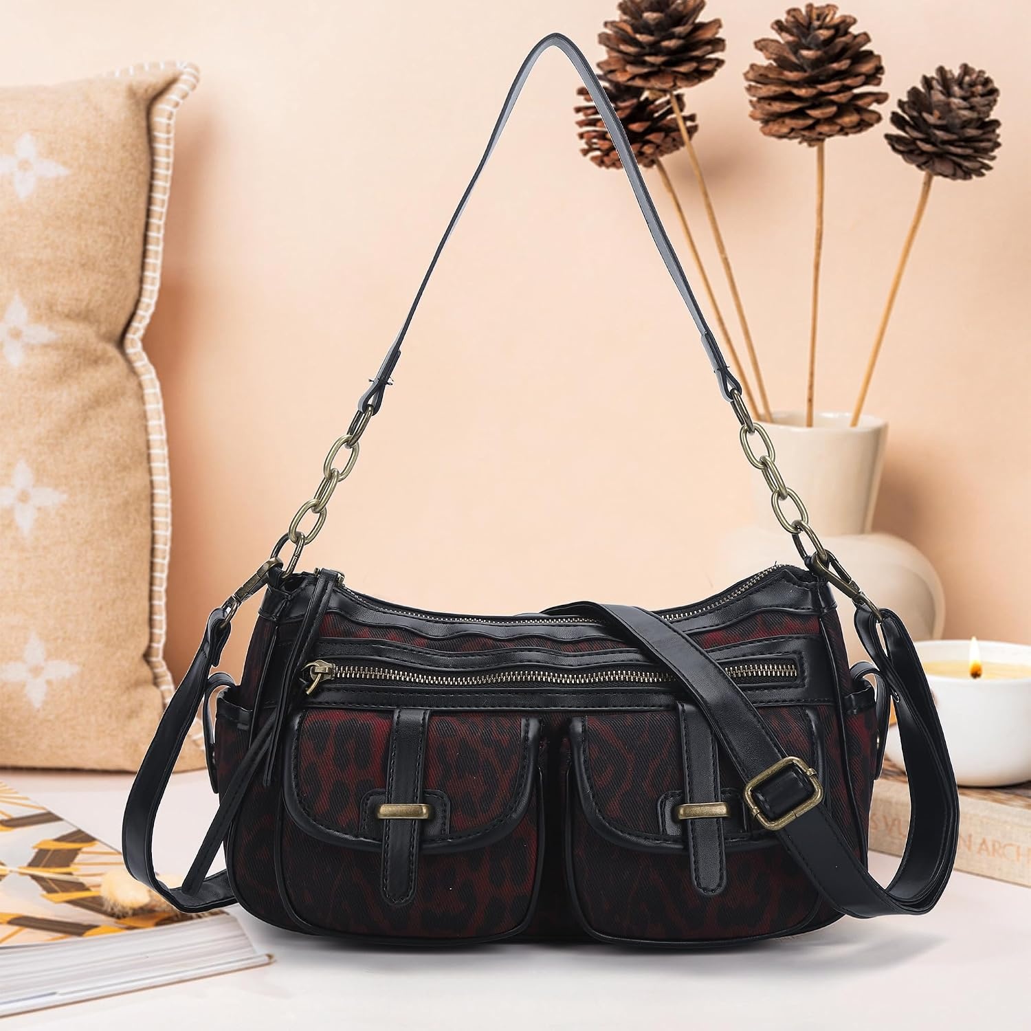 image:imageAngel Kiss Hobo Purses for Women Crossbody Shoulder Bag Ladies Multi Pocket Handbags with Adjustable Shoulder Strap Soft Vegan LeatherLeopard Burgundy