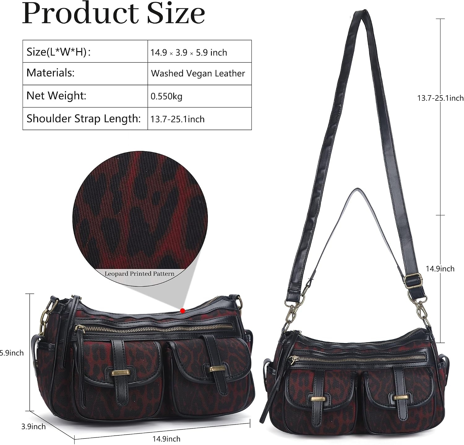 image:imageAngel Kiss Hobo Purses for Women Crossbody Shoulder Bag Ladies Multi Pocket Handbags with Adjustable Shoulder Strap Soft Vegan LeatherLeopard Burgundy