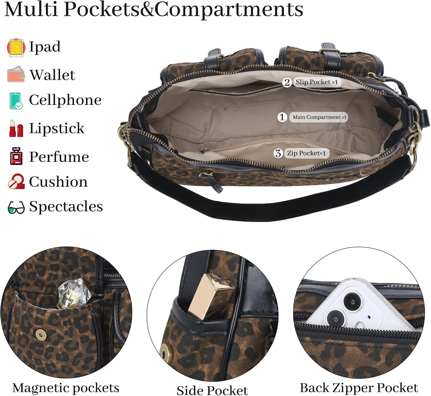 image:imageAngel Kiss Hobo Purses for Women Crossbody Shoulder Bag Ladies Multi Pocket Handbags with Adjustable Shoulder Strap Soft Vegan LeatherLeopard Coffee