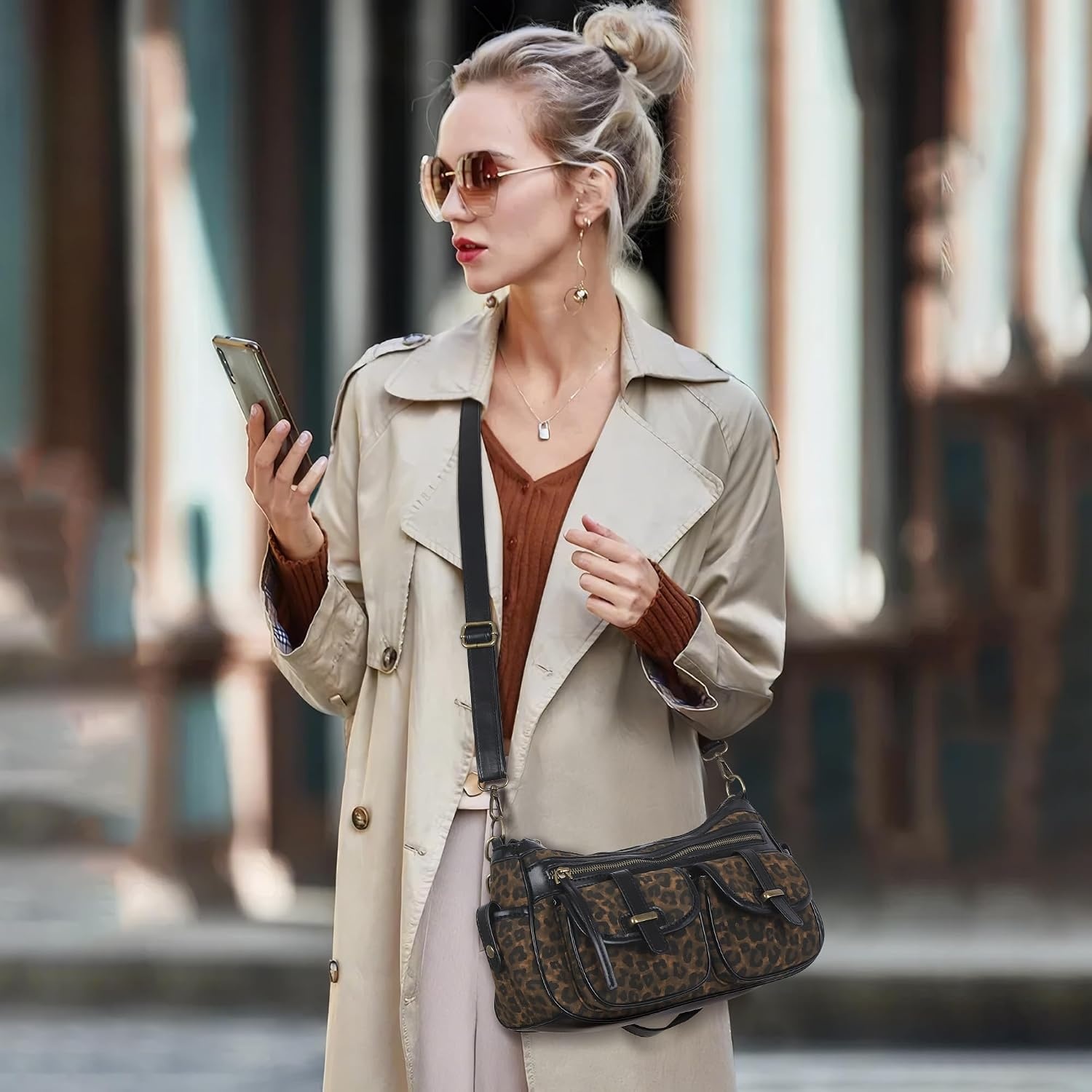 image:imageAngel Kiss Hobo Purses for Women Crossbody Shoulder Bag Ladies Multi Pocket Handbags with Adjustable Shoulder Strap Soft Vegan LeatherLeopard Coffee