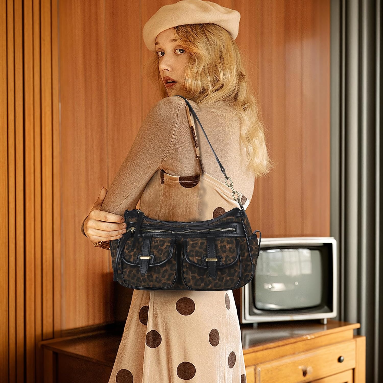 image:imageAngel Kiss Hobo Purses for Women Crossbody Shoulder Bag Ladies Multi Pocket Handbags with Adjustable Shoulder Strap Soft Vegan LeatherLeopard Coffee