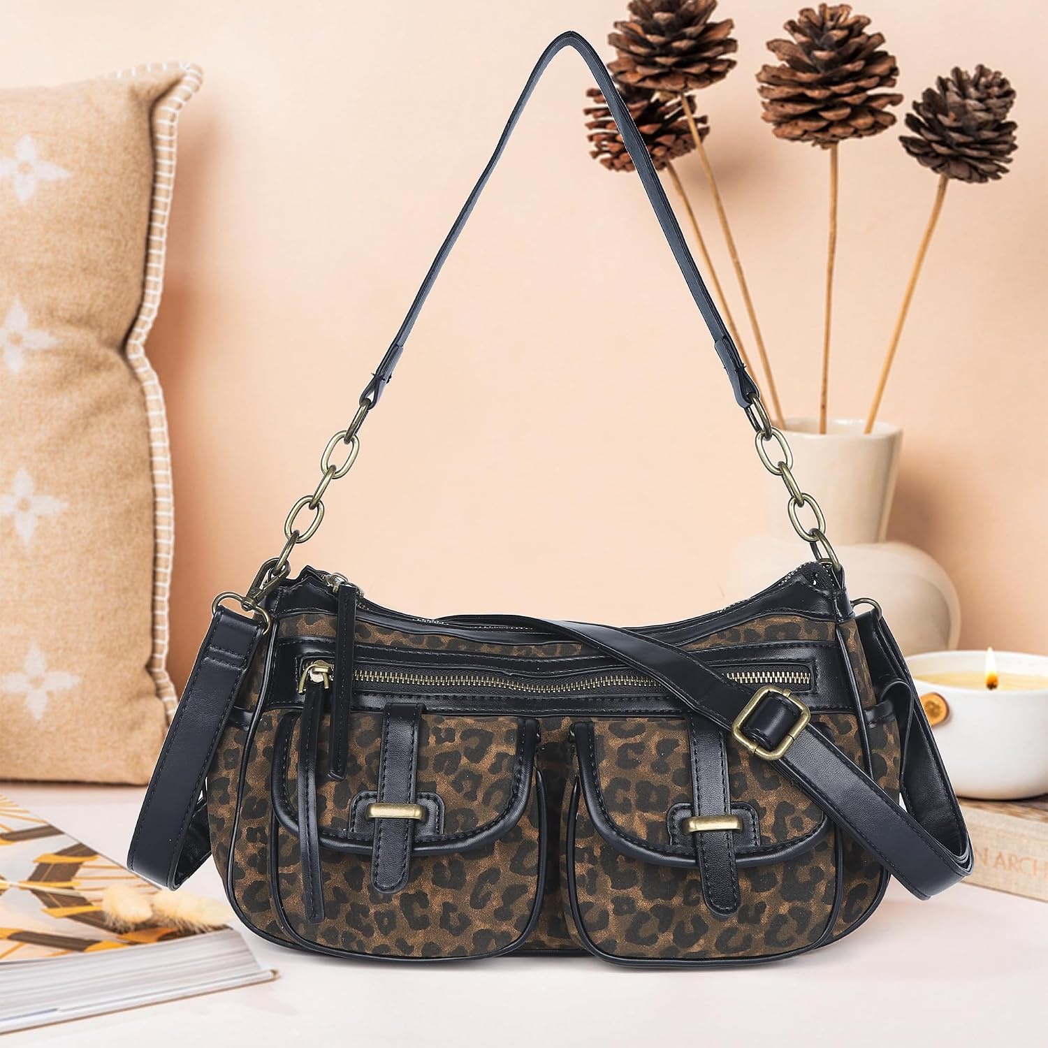 image:imageAngel Kiss Hobo Purses for Women Crossbody Shoulder Bag Ladies Multi Pocket Handbags with Adjustable Shoulder Strap Soft Vegan LeatherLeopard Coffee