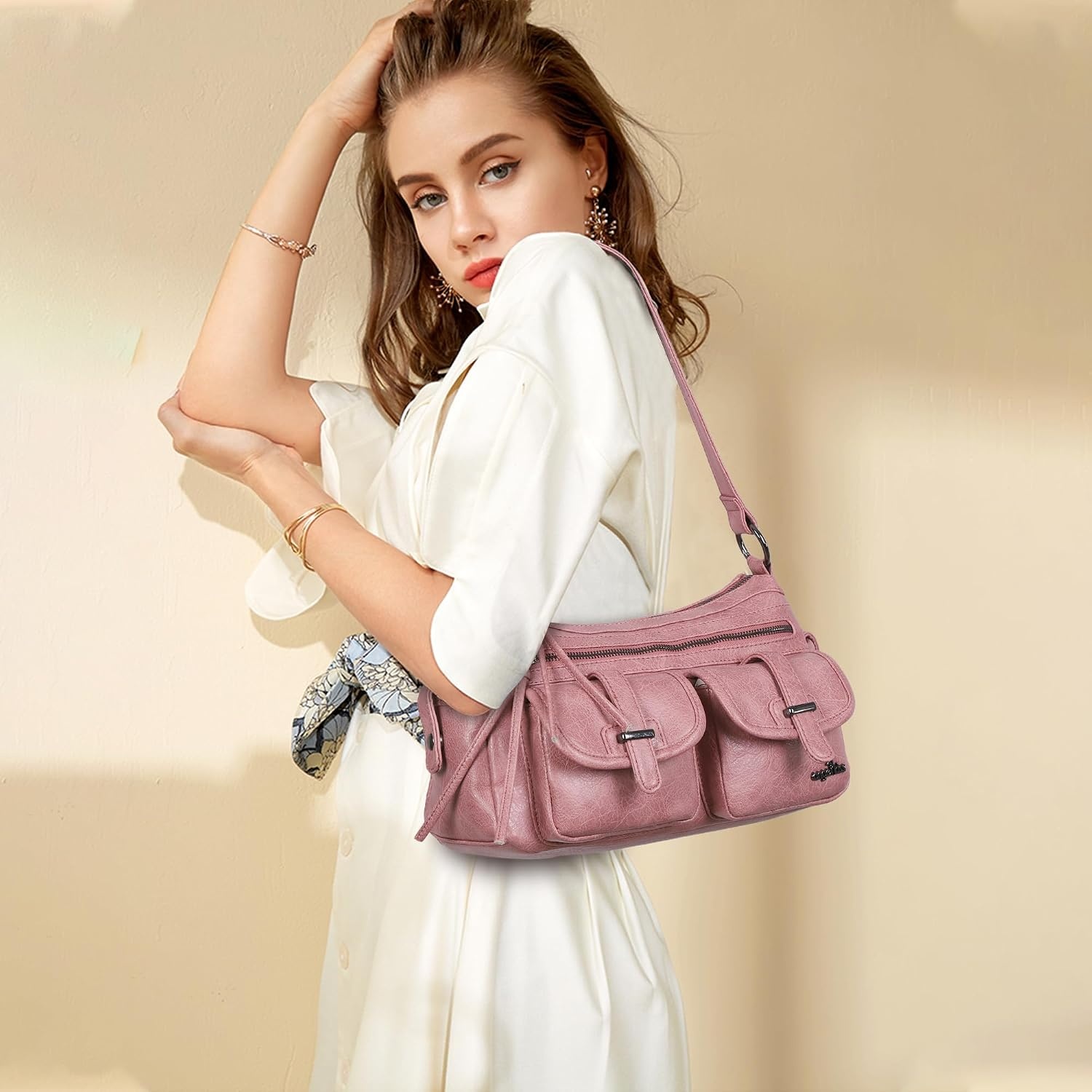 image:imageAngel Kiss Hobo Purses for Women Crossbody Shoulder Bag Ladies Multi Pocket Handbags with Adjustable Shoulder Strap Soft Vegan LeatherPink