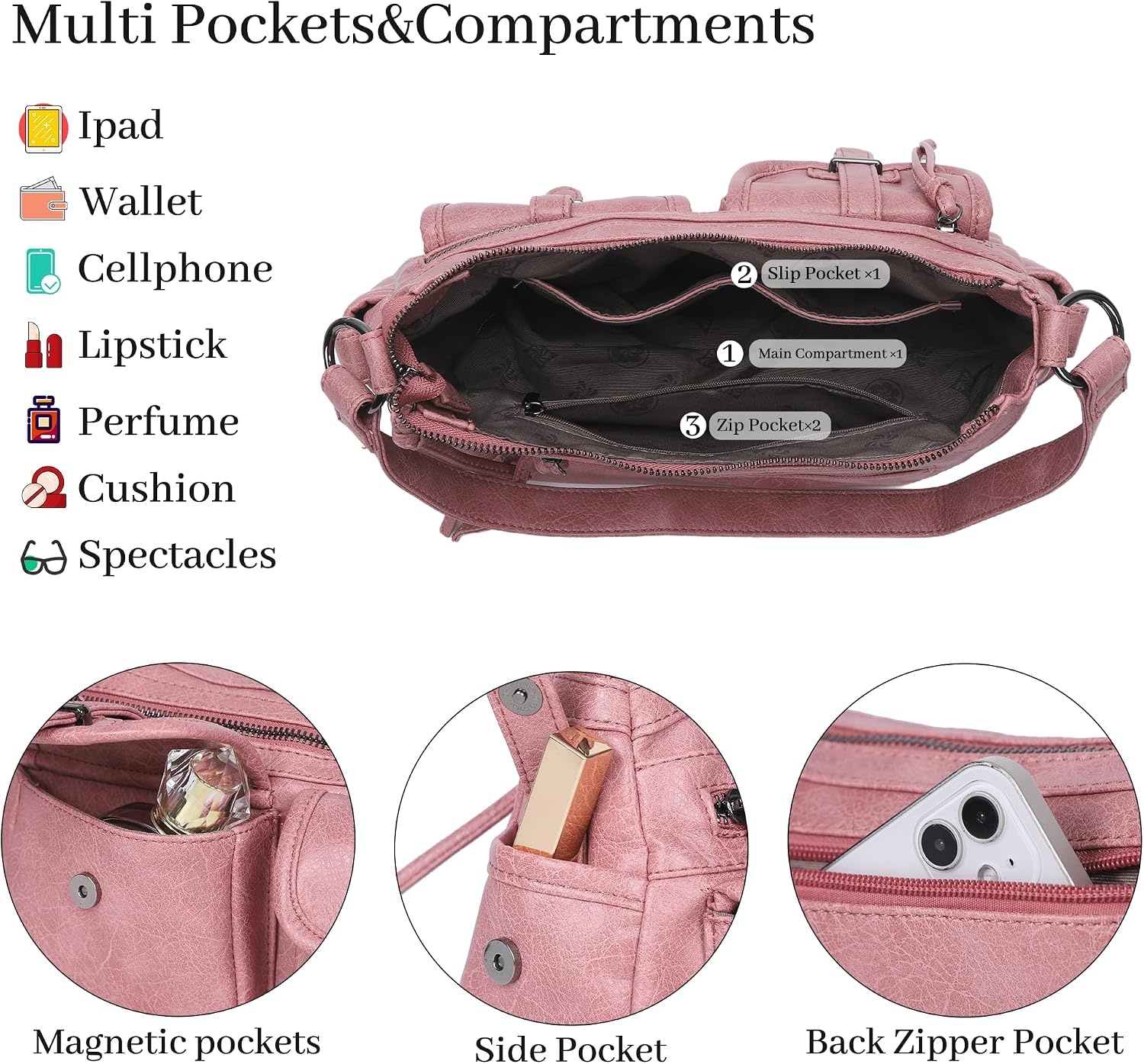 image:imageAngel Kiss Hobo Purses for Women Crossbody Shoulder Bag Ladies Multi Pocket Handbags with Adjustable Shoulder Strap Soft Vegan LeatherPink