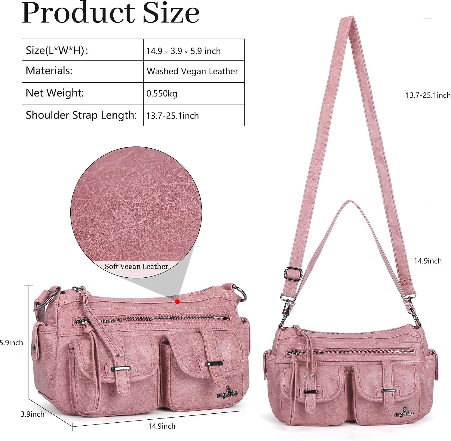 image:imageAngel Kiss Hobo Purses for Women Crossbody Shoulder Bag Ladies Multi Pocket Handbags with Adjustable Shoulder Strap Soft Vegan LeatherPink