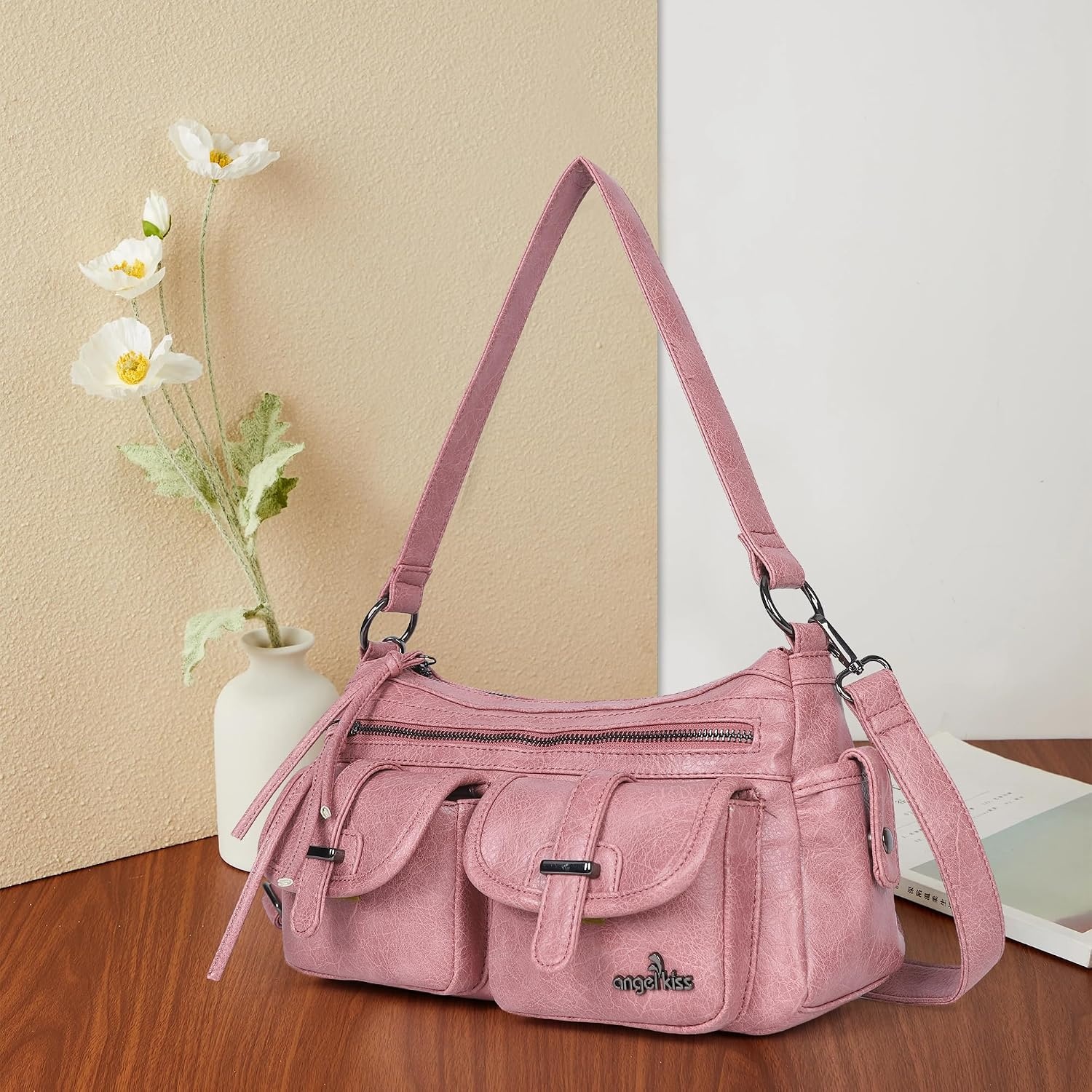 image:imageAngel Kiss Hobo Purses for Women Crossbody Shoulder Bag Ladies Multi Pocket Handbags with Adjustable Shoulder Strap Soft Vegan LeatherPink