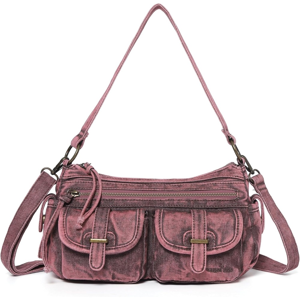 image:imageAngel Kiss Hobo Purses for Women Crossbody Shoulder Bag Ladies Multi Pocket Handbags with Adjustable Shoulder Strap  Soft Vegan LeatherDenim Red