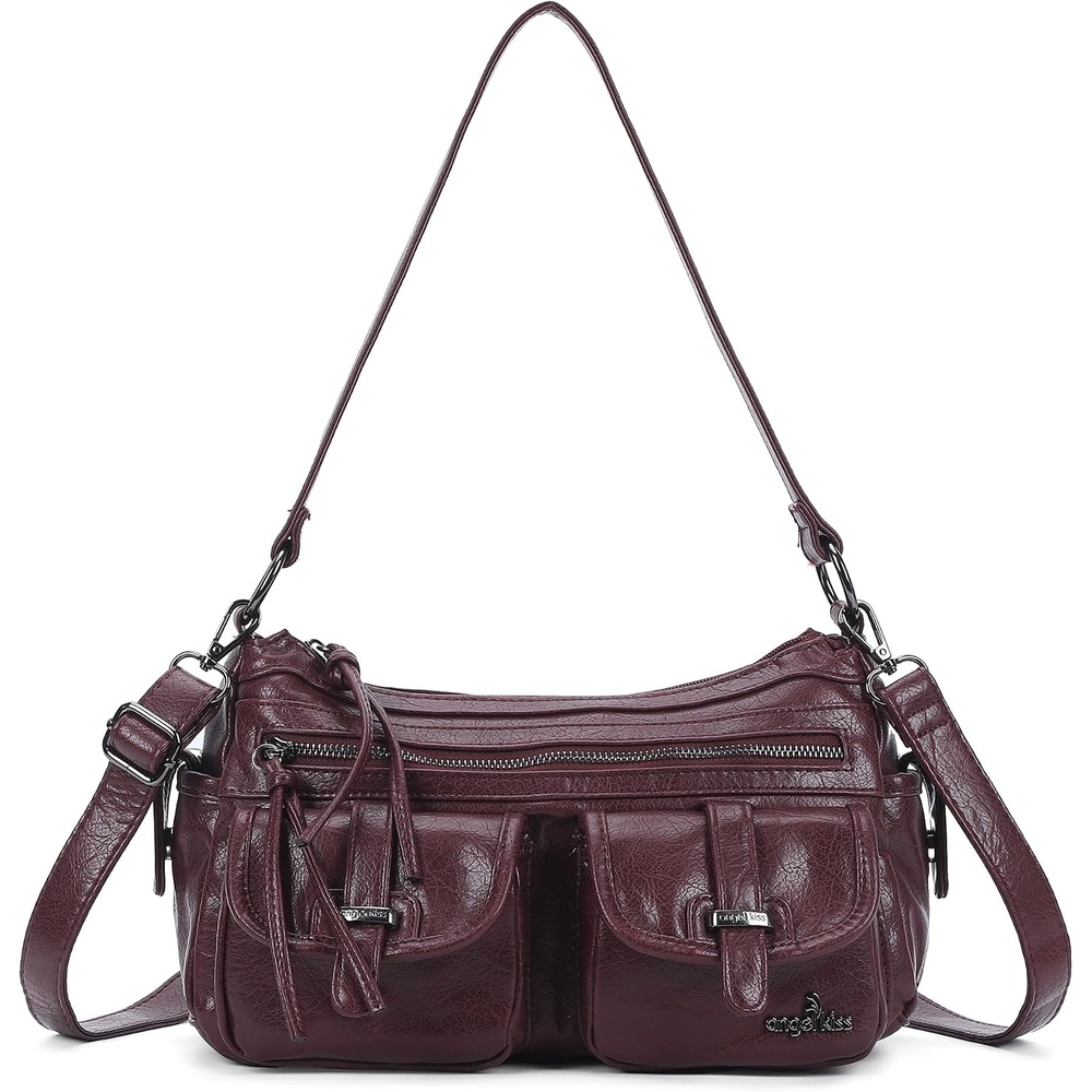 image:imageAngel Kiss Hobo Purses for Women Crossbody Shoulder Bag Ladies Multi Pocket Handbags with Adjustable Shoulder Strap  Soft Vegan LeatherWine