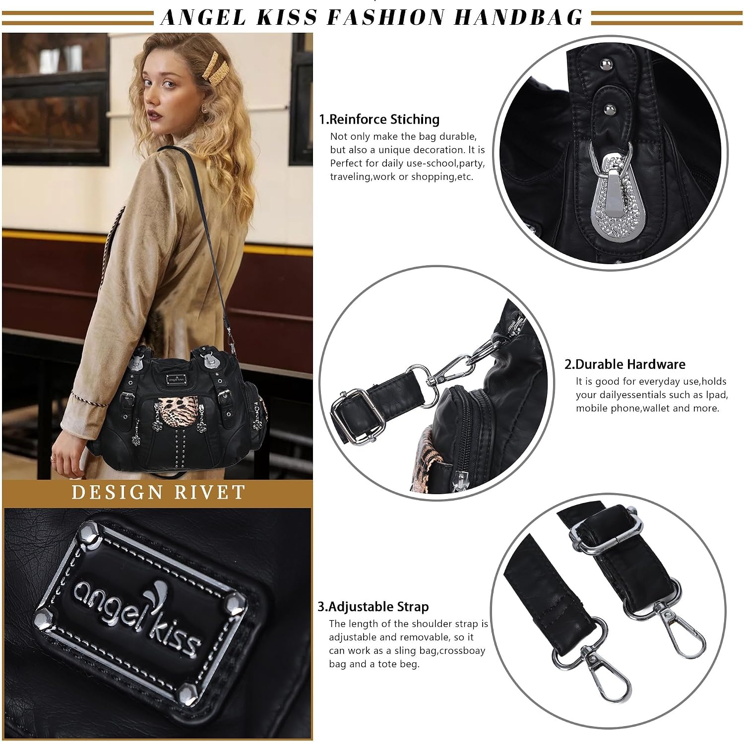 image:imageAngel Kiss Purses for Women Soft PU Leather Large Hobo Bags for Women Shoulder Bag SoftPblack Brown