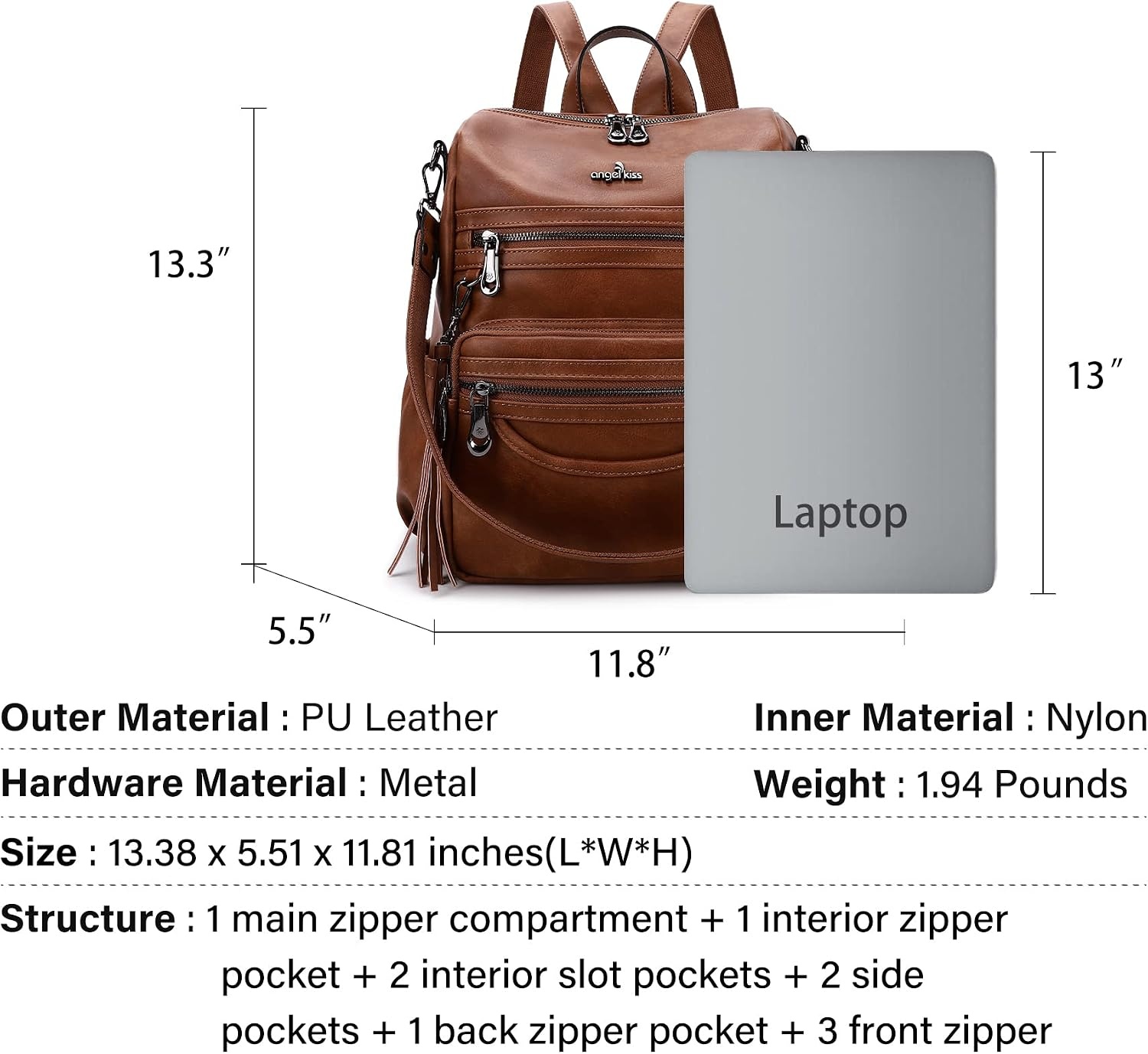image:imageAngel Kiss Womens Backpacks amp Purse PU Leather Zipper Casual Backpacks amp Shoulder Bags94brown