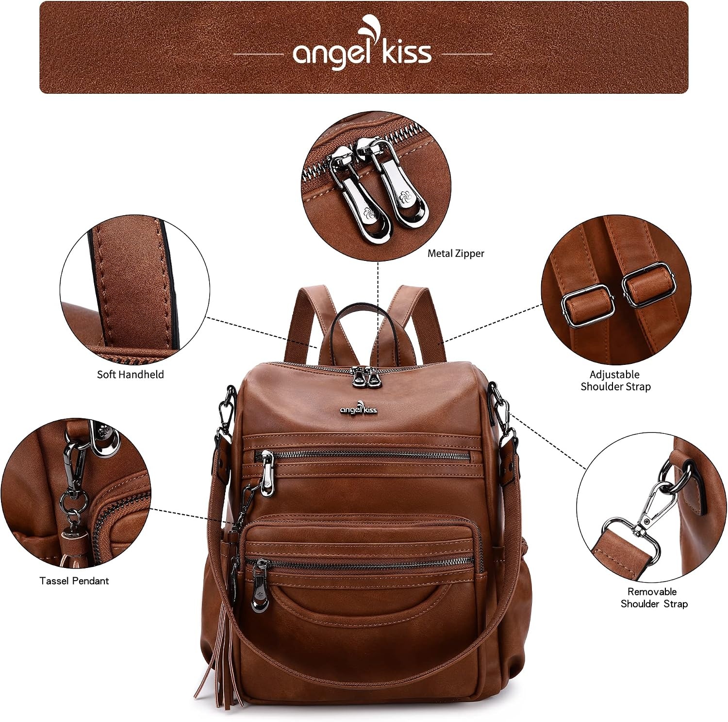image:imageAngel Kiss Womens Backpacks amp Purse PU Leather Zipper Casual Backpacks amp Shoulder Bags94brown