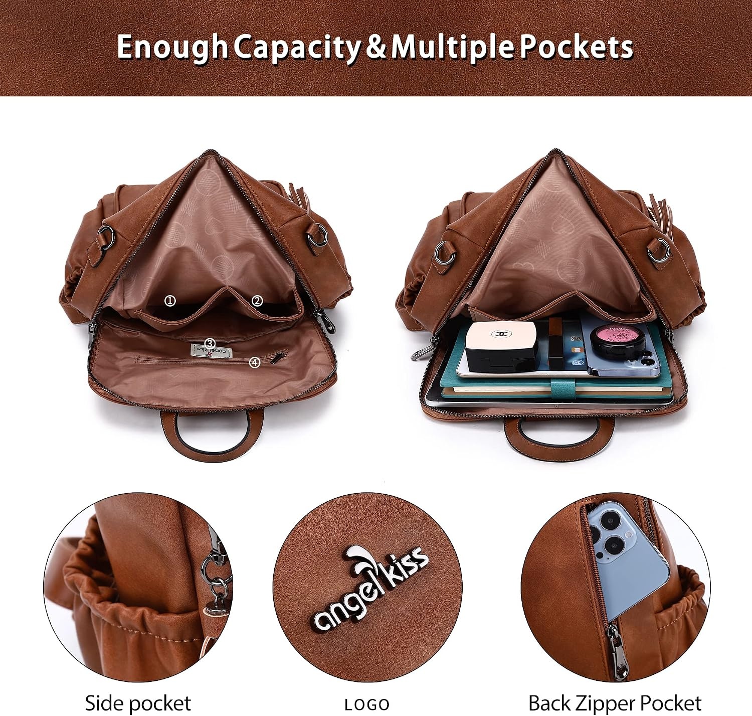 image:imageAngel Kiss Womens Backpacks amp Purse PU Leather Zipper Casual Backpacks amp Shoulder Bags94brown