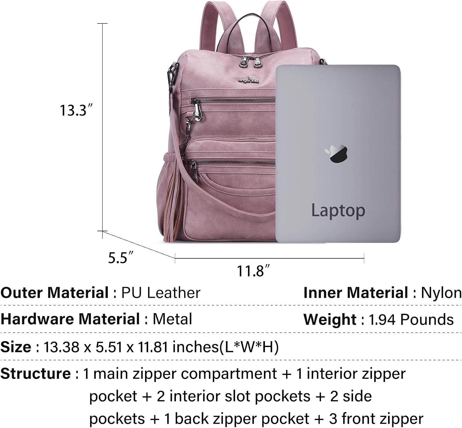 image:imageAngel Kiss Womens Backpacks amp Purse PU Leather Zipper Casual Backpacks amp Shoulder BagsRetro Pink