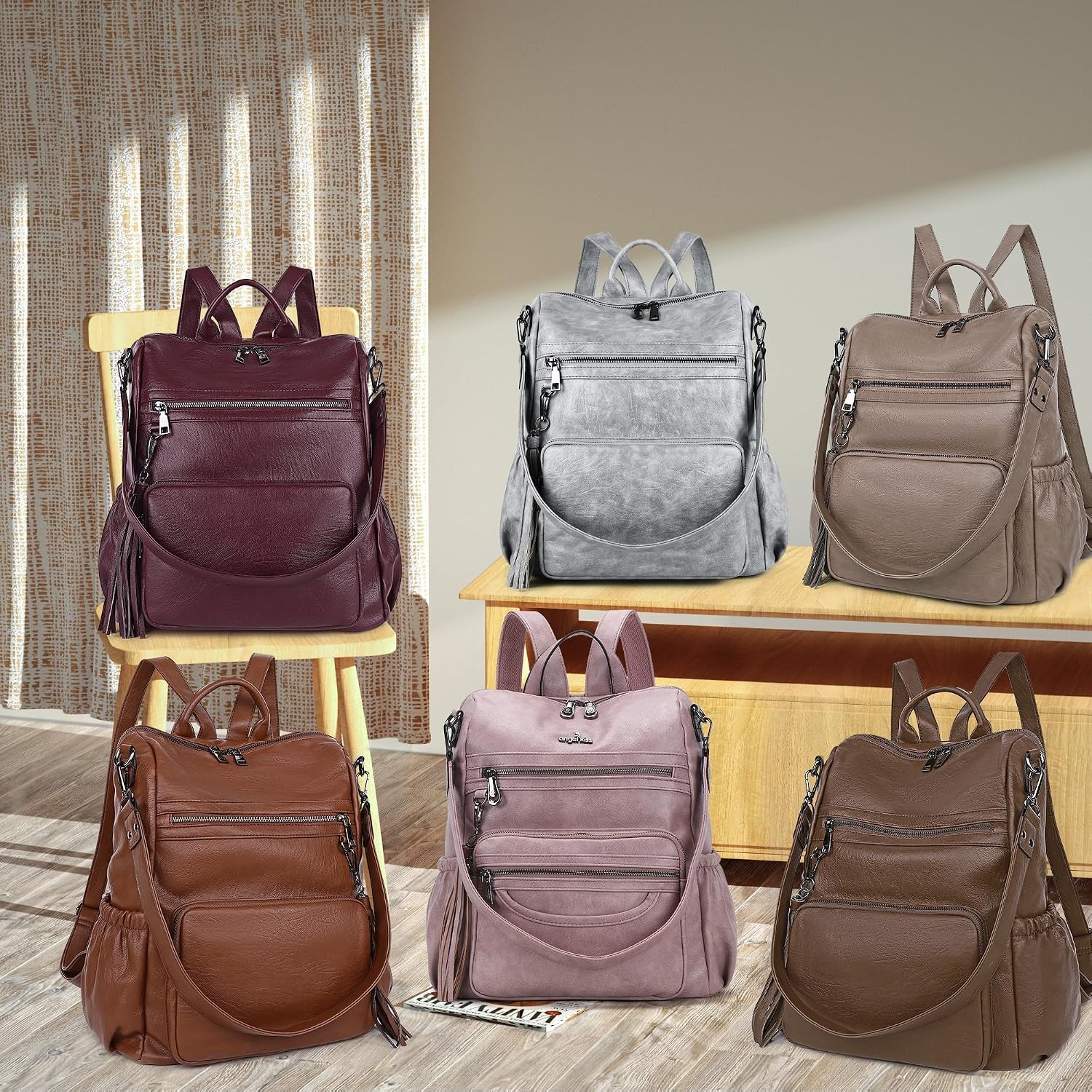 image:imageAngel Kiss Womens Backpacks amp Purse PU Leather Zipper Casual Backpacks amp Shoulder BagsRetro Pink