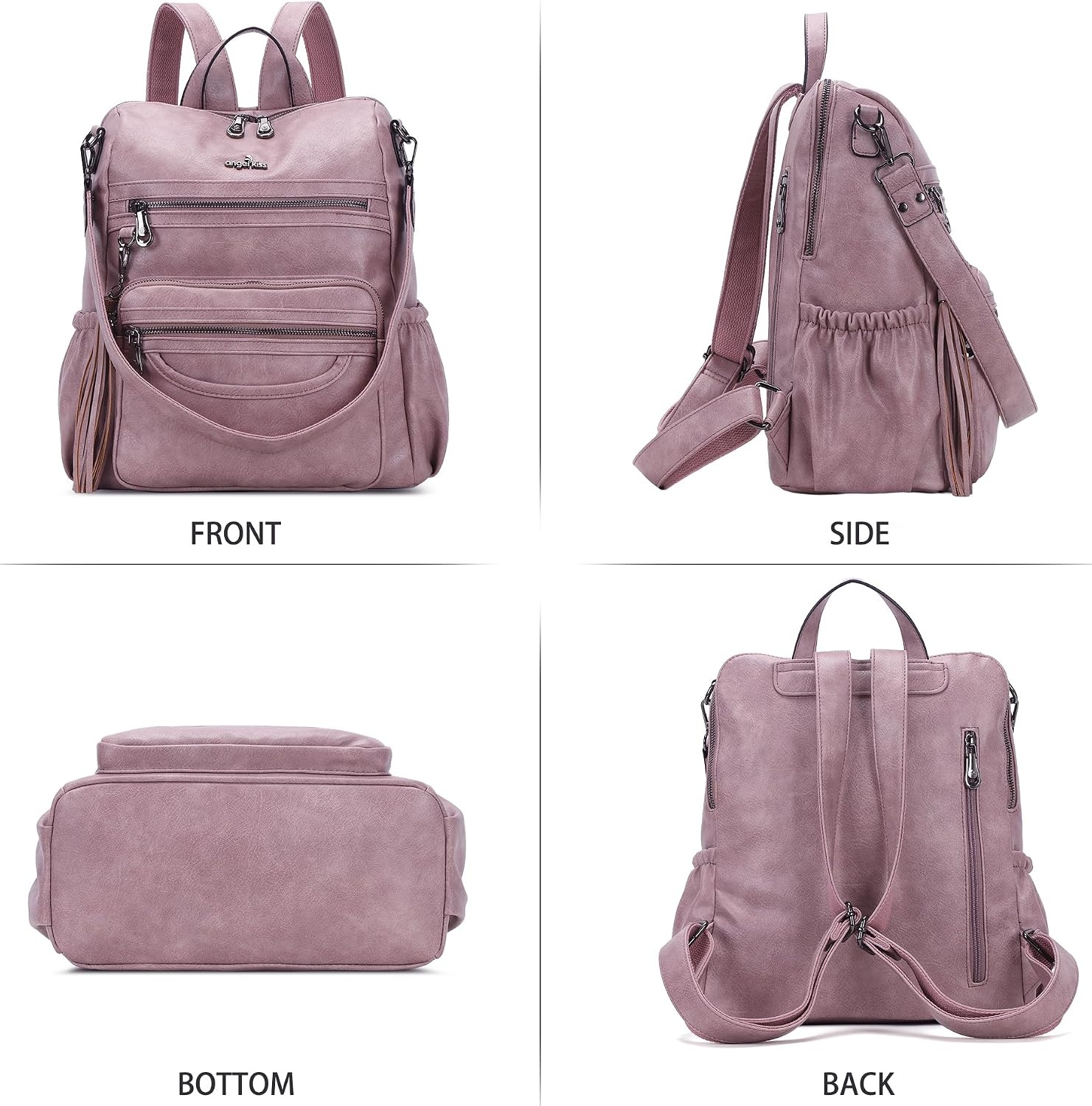 image:imageAngel Kiss Womens Backpacks amp Purse PU Leather Zipper Casual Backpacks amp Shoulder BagsRetro Pink