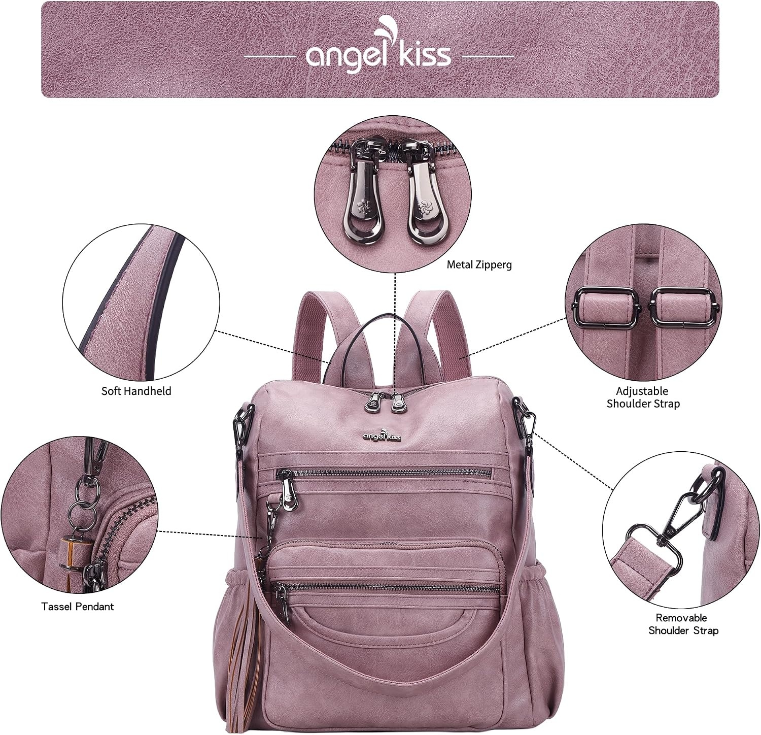 image:imageAngel Kiss Womens Backpacks amp Purse PU Leather Zipper Casual Backpacks amp Shoulder BagsRetro Pink