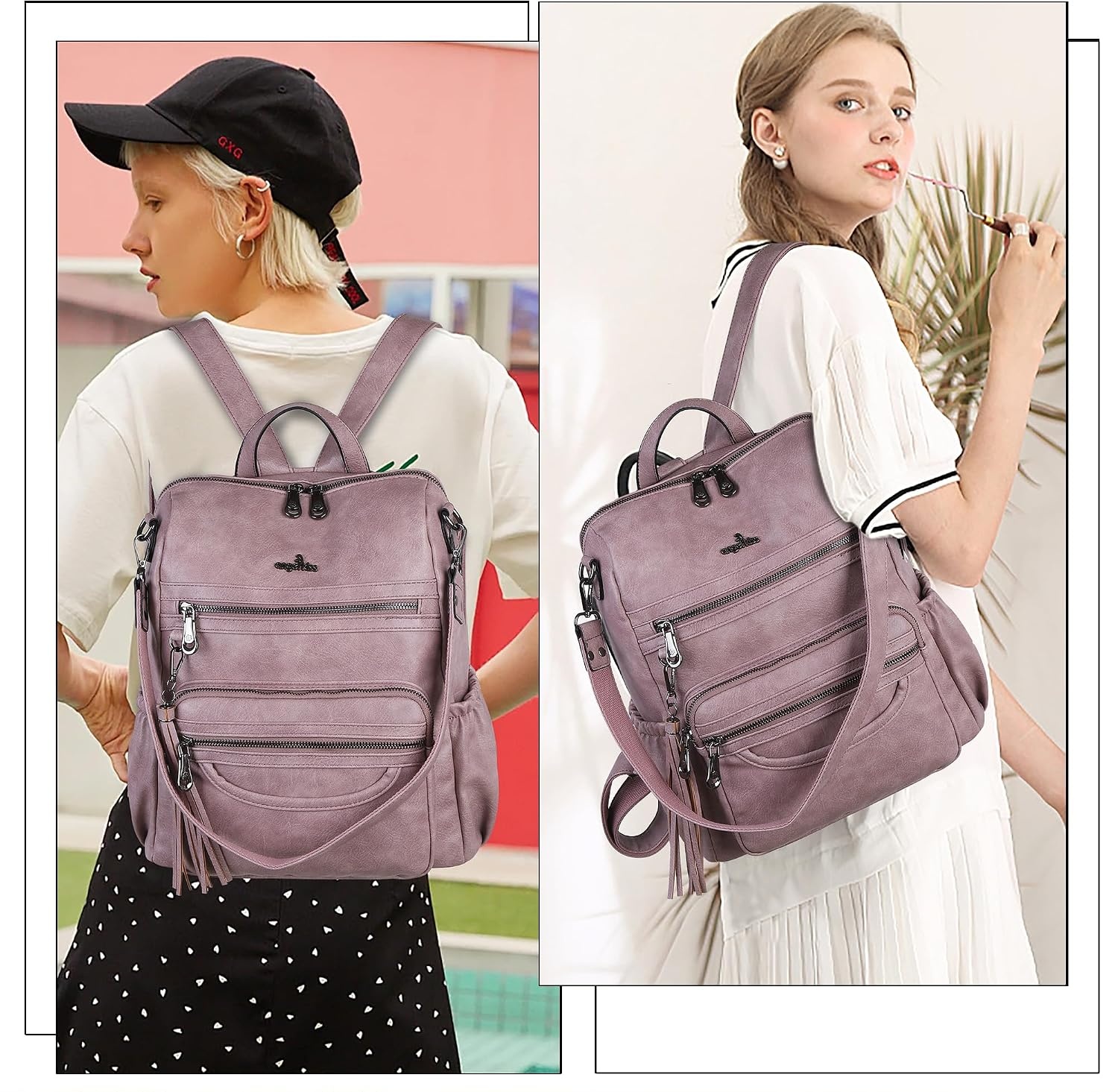 image:imageAngel Kiss Womens Backpacks amp Purse PU Leather Zipper Casual Backpacks amp Shoulder BagsRetro Pink
